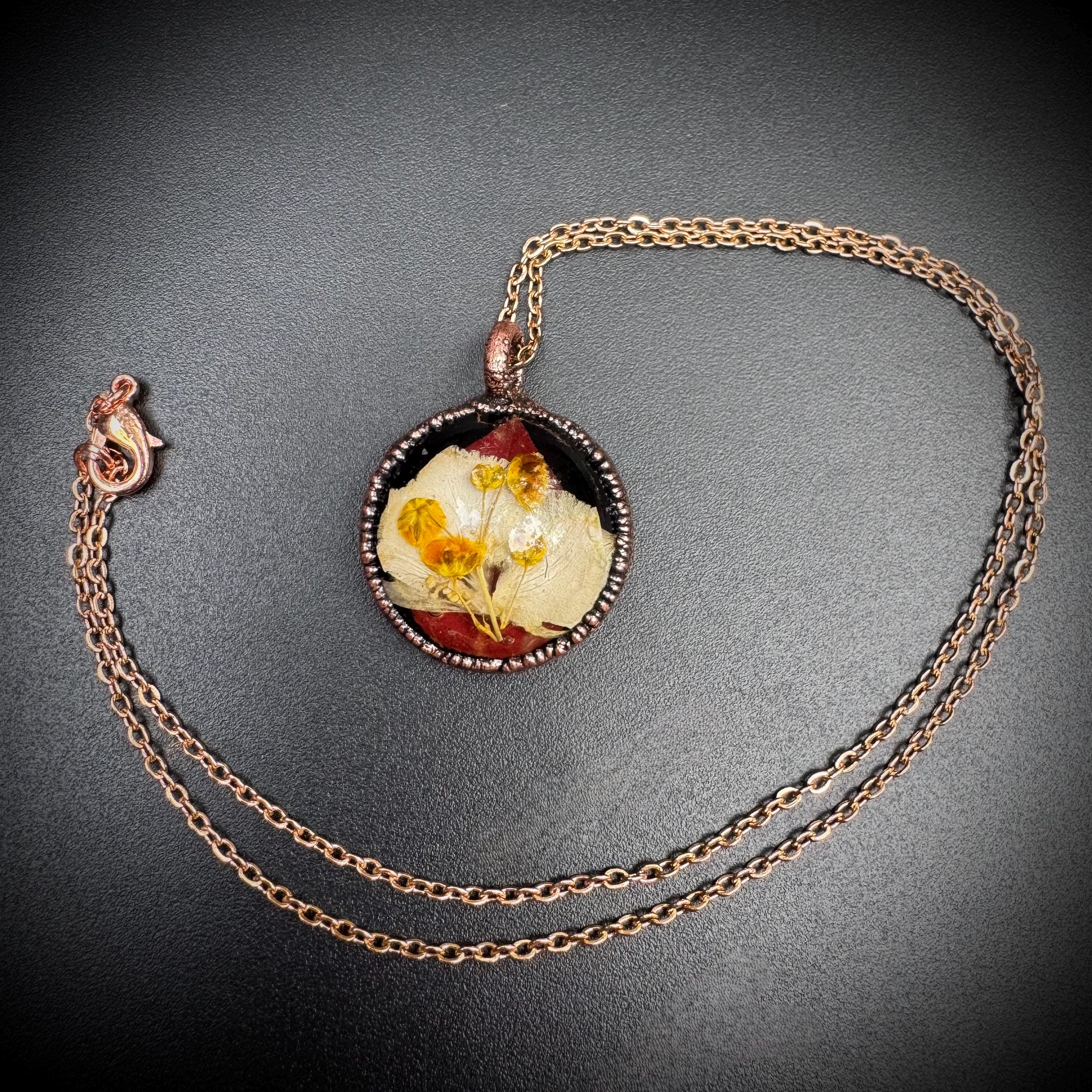 Electroformed Copper Flower Pendant: Dried Resin Necklace