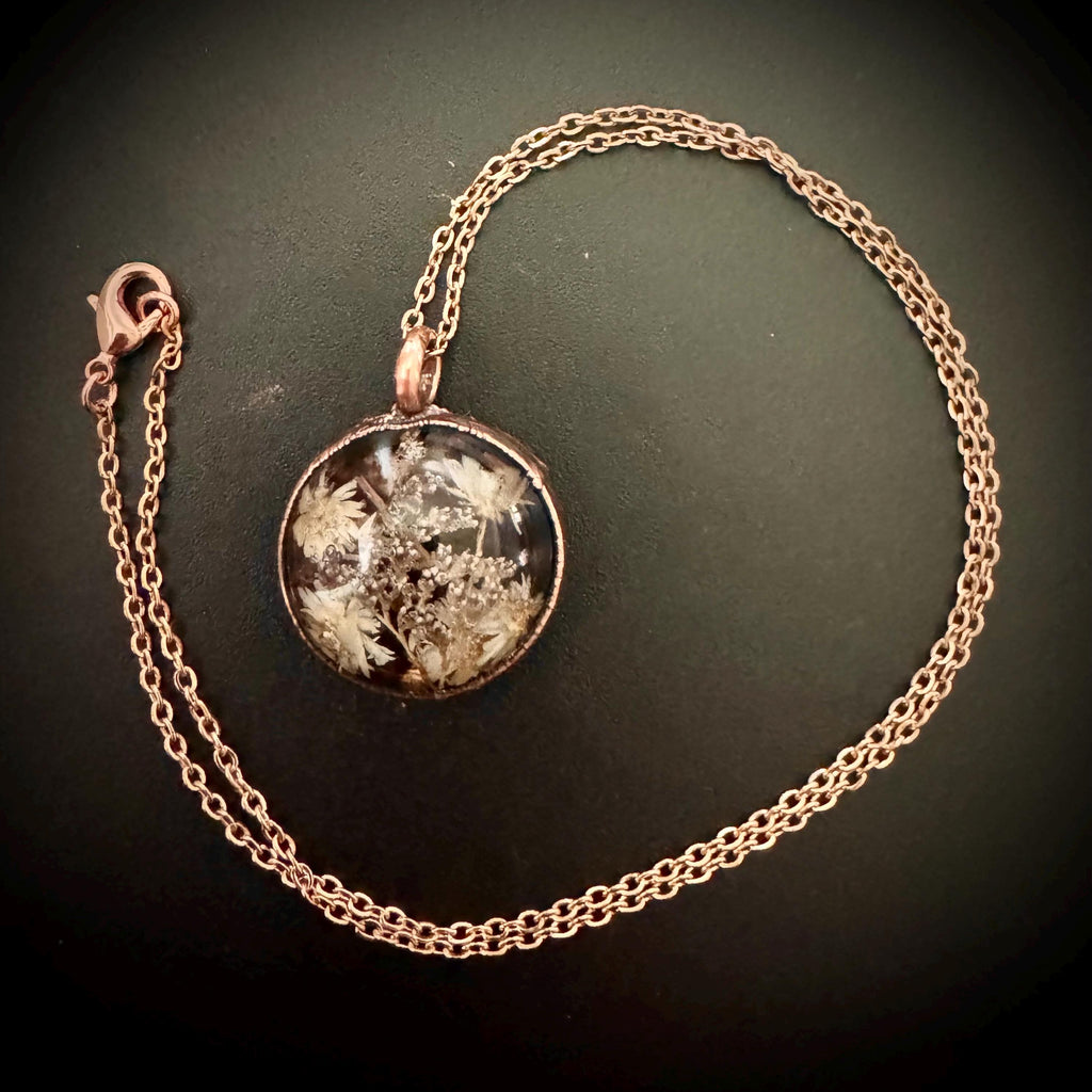 Electroformed Copper Flower Pendant: Dried Resin Necklace