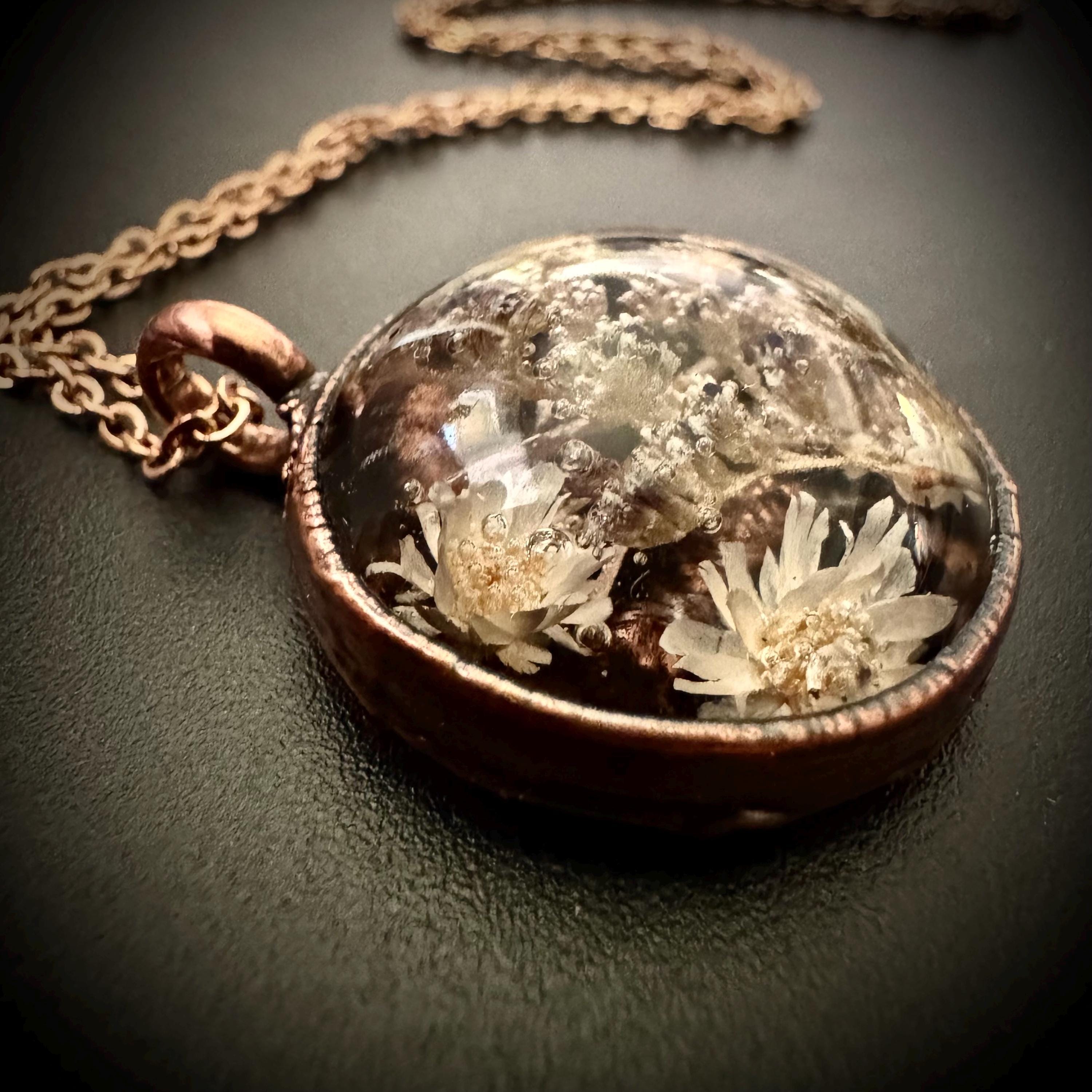 Electroformed Copper Flower Pendant: Dried Resin Necklace
