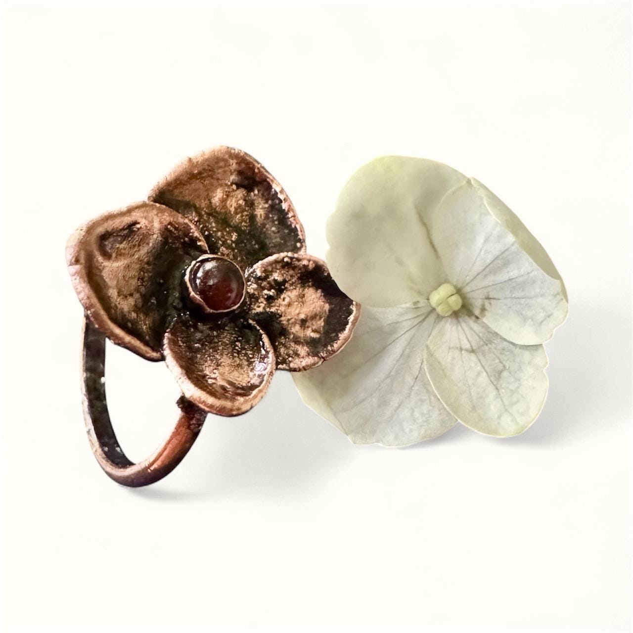 Real Hydrangea Electroformed Copper Ring with Carnelian Stone