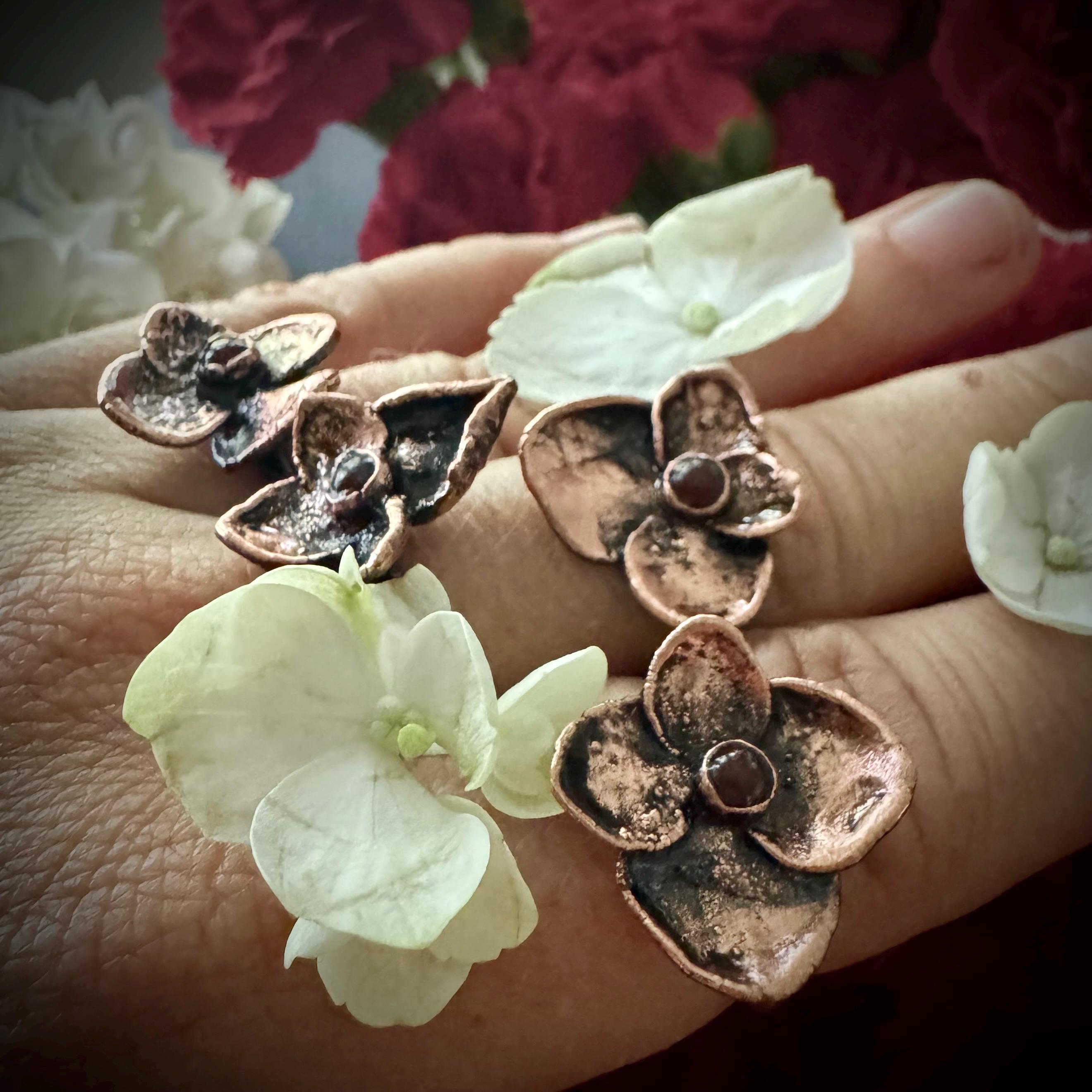 Real Hydrangea Electroformed Copper Ring with Carnelian Stone