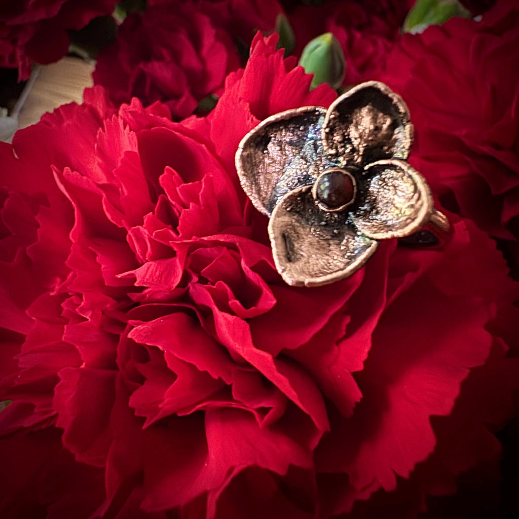 Real Hydrangea Electroformed Copper Ring with Carnelian Stone