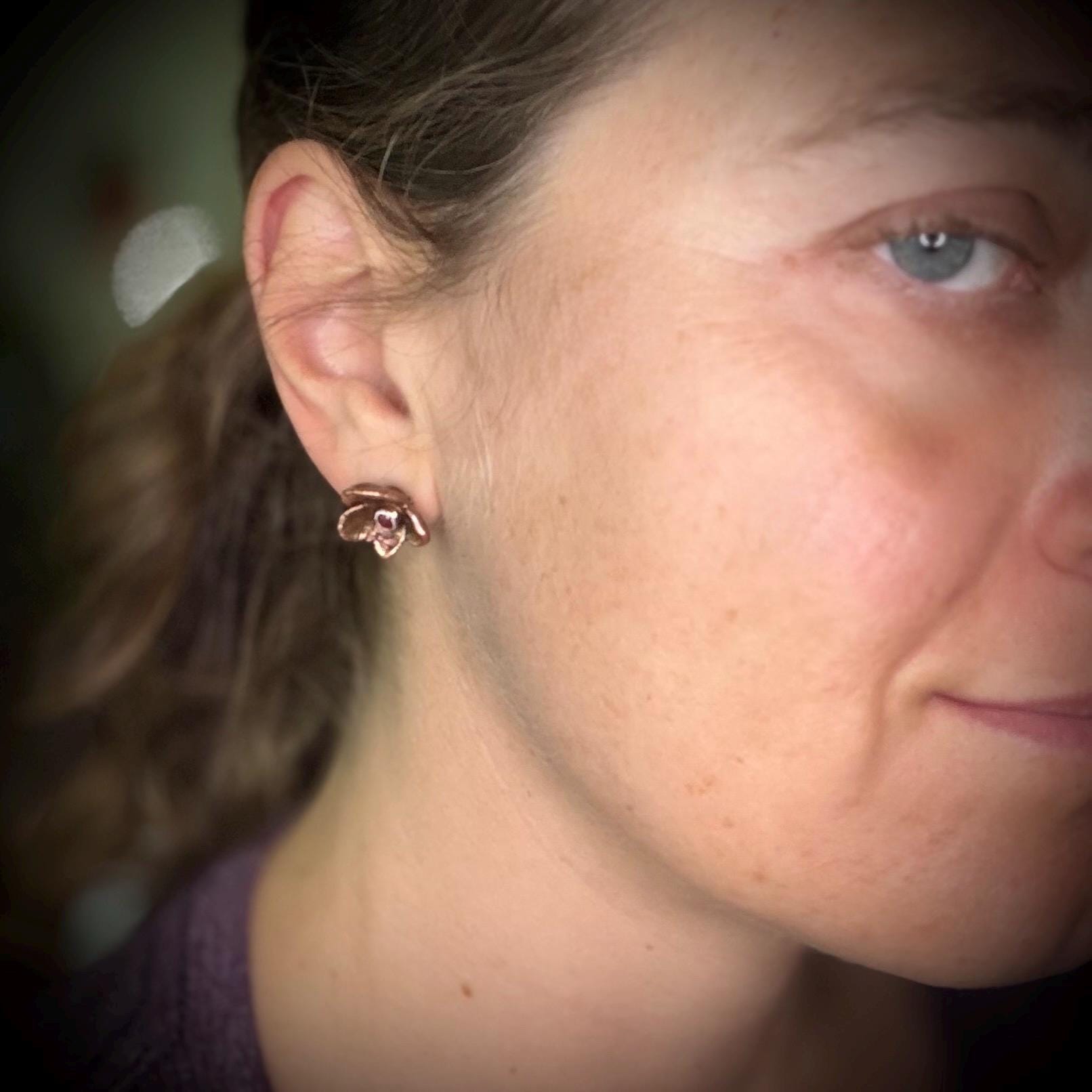 Electroformed Hydrangea & Carnelian Stud Earrings | Copper Flower Jewelry