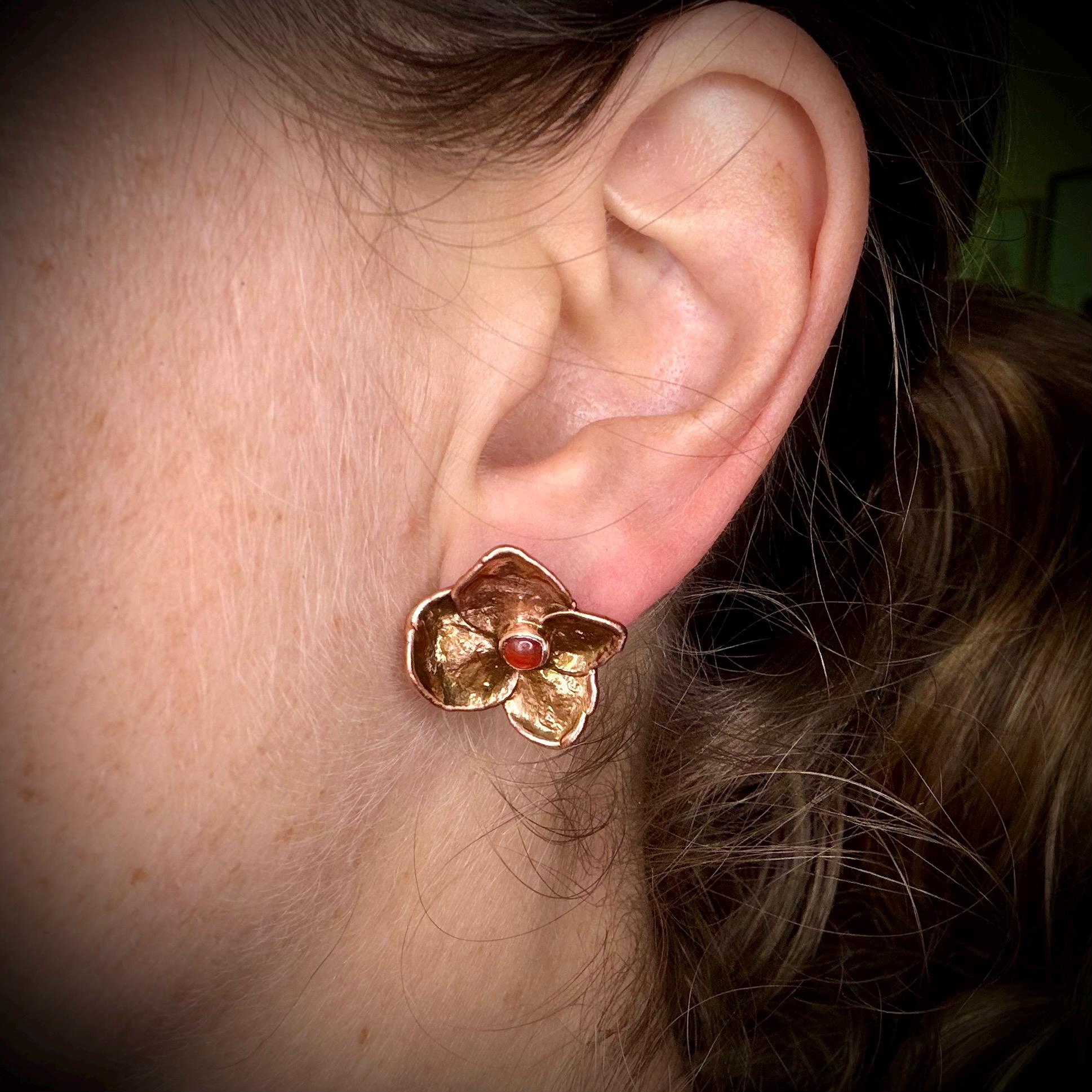 Electroformed Hydrangea & Carnelian Stud Earrings | Copper Flower Jewelry