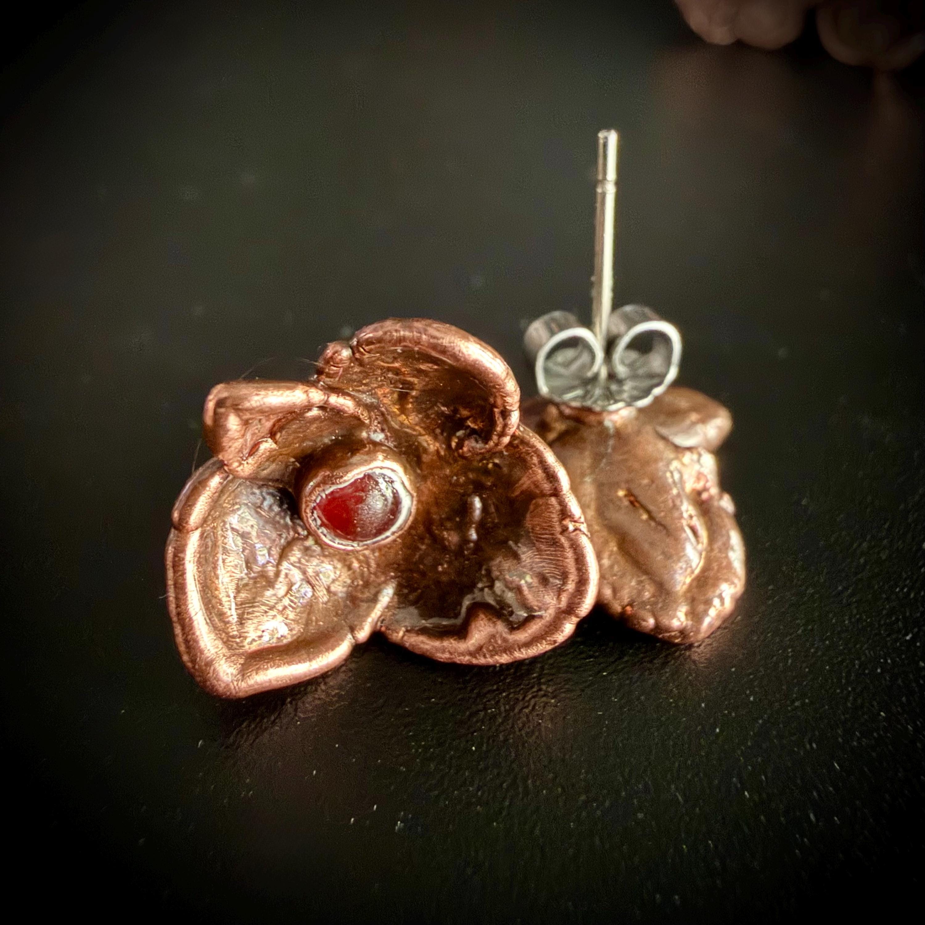 Electroformed Hydrangea & Carnelian Stud Earrings | Copper Flower Jewelry