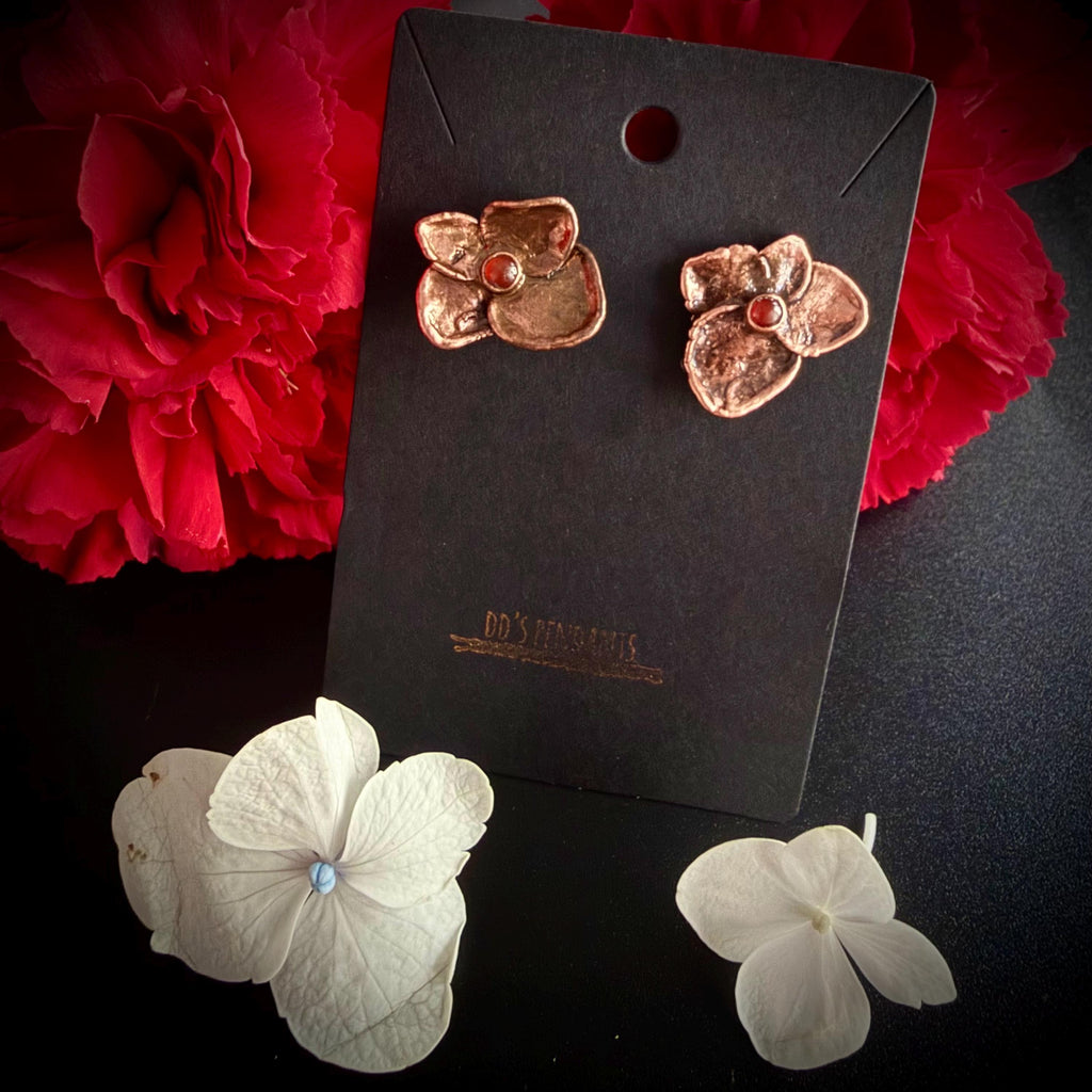 Electroformed Hydrangea & Carnelian Stud Earrings | Copper Flower Jewelry