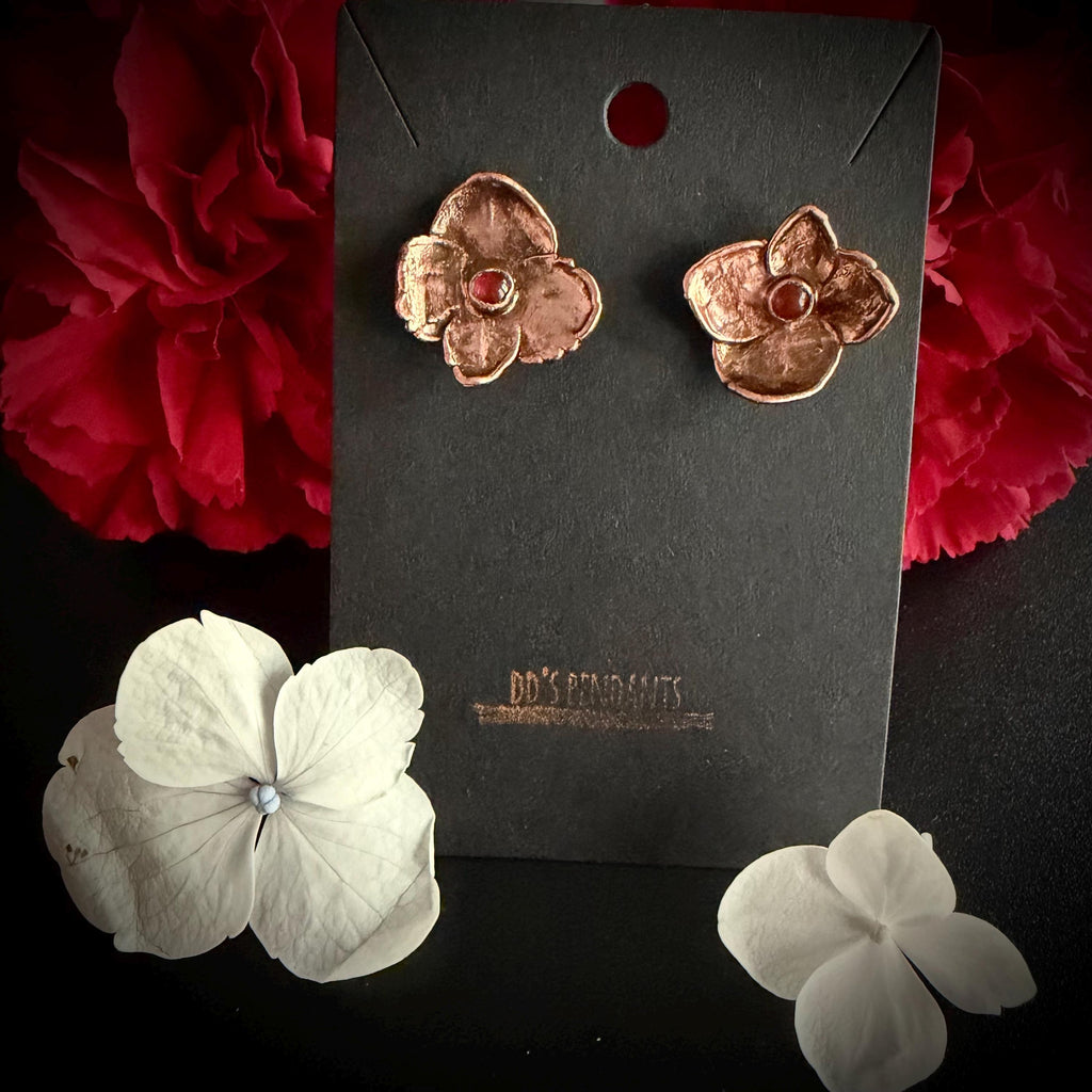 Electroformed Hydrangea & Carnelian Stud Earrings | Copper Flower Jewelry