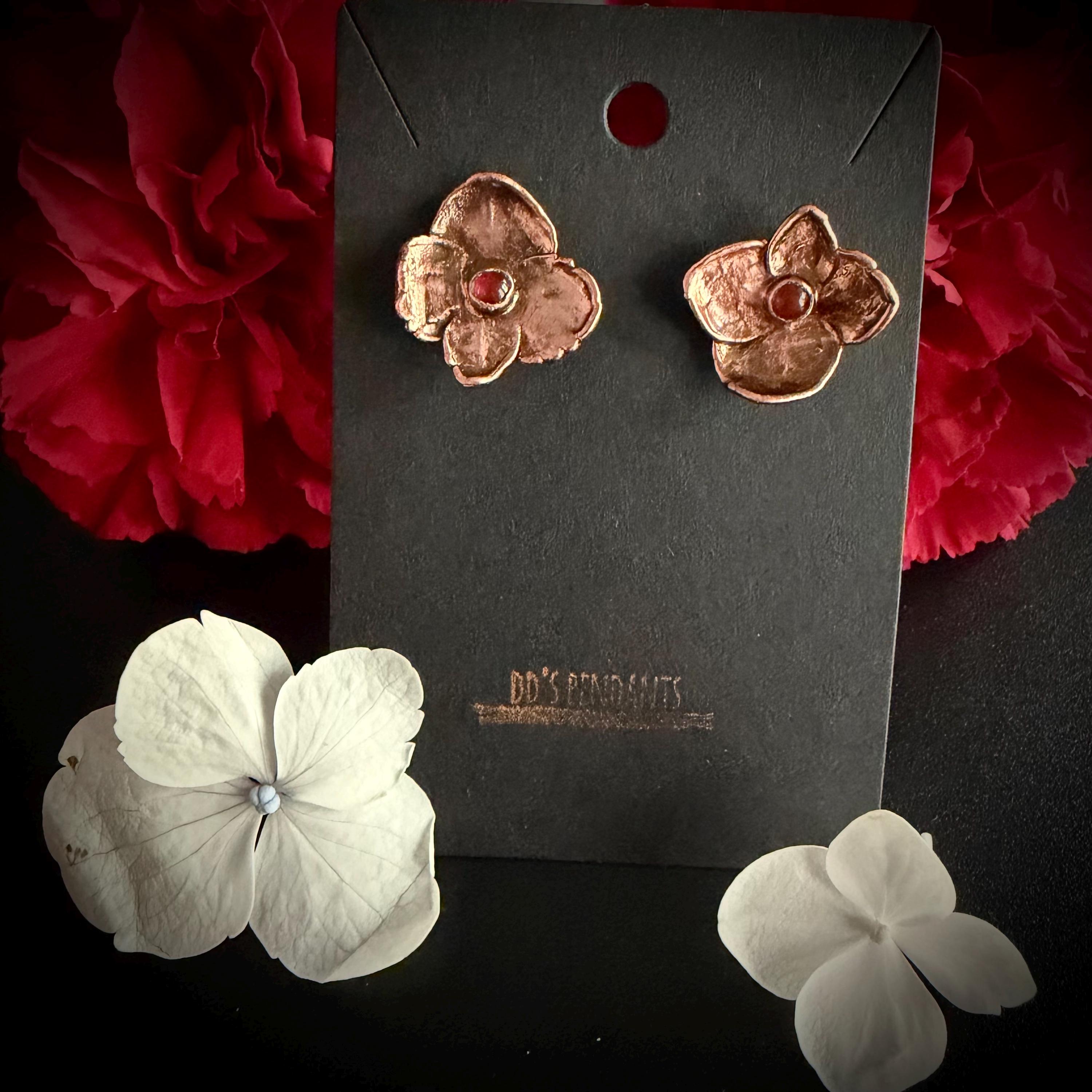 Electroformed Hydrangea & Carnelian Stud Earrings | Copper Flower Jewelry