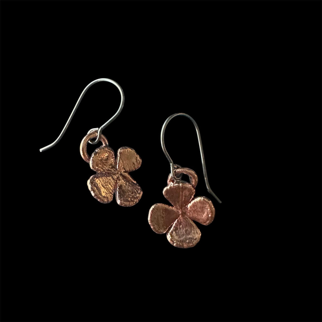 Real 4 Leaf Clover Electroformed Copper Dangle Earrings on Niobium Ear Wires