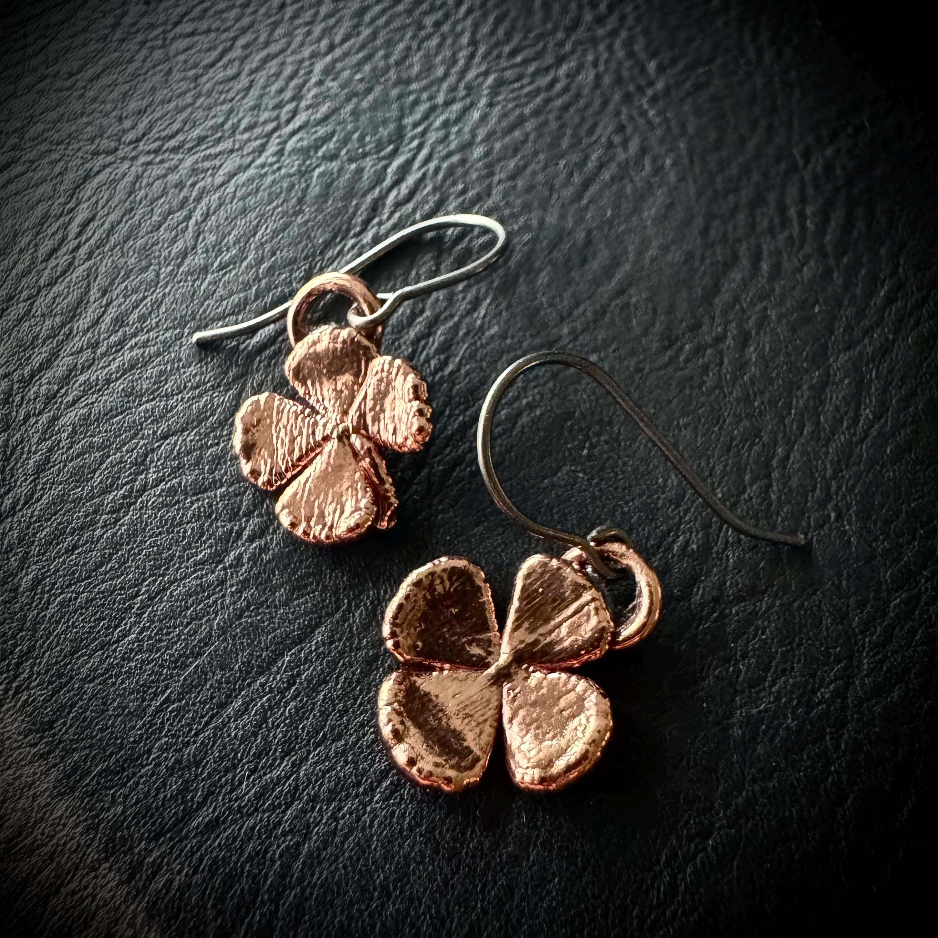 Real 4 Leaf Clover Electroformed Copper Dangle Earrings on Niobium Ear Wires