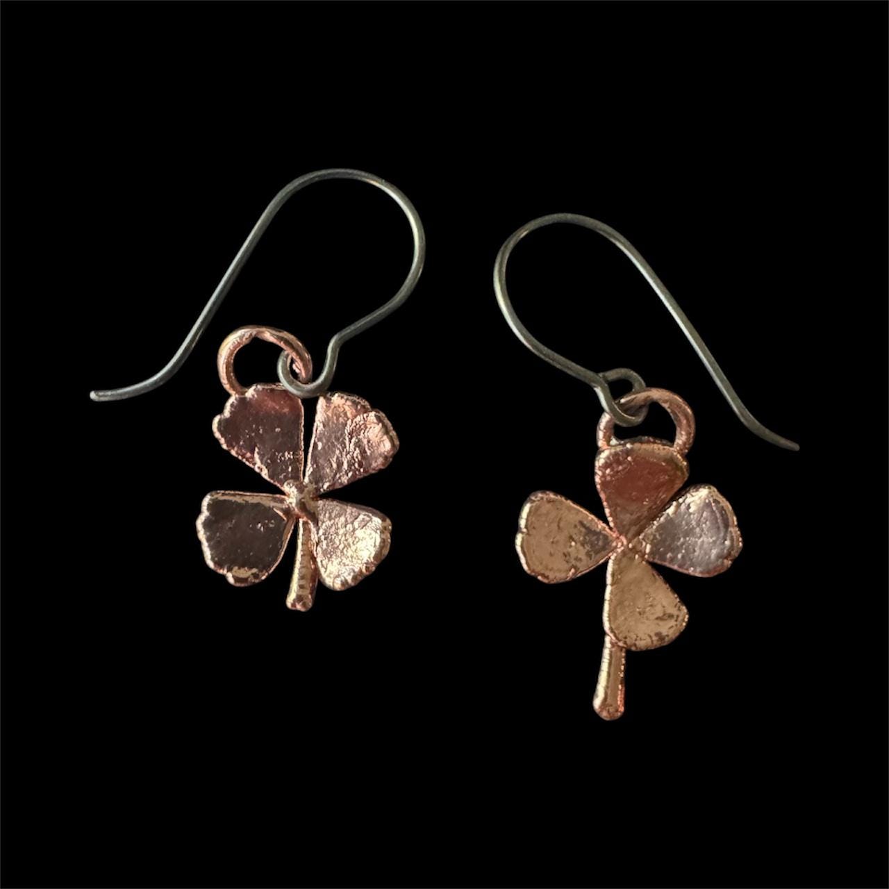 Real 4 Leaf Clover Electroformed Copper Dangle Earrings on Niobium Ear Wires
