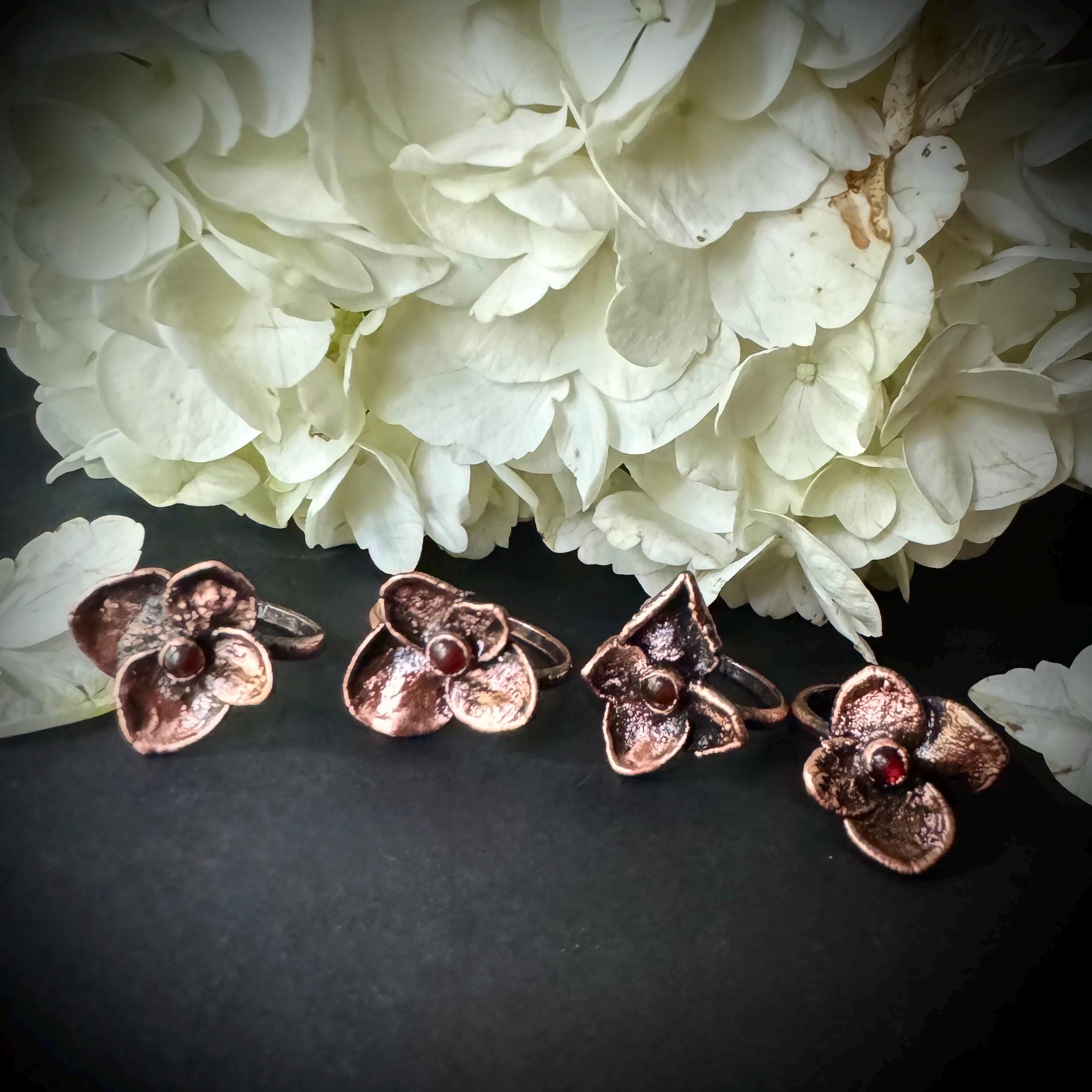 Real Hydrangea Electroformed Copper Ring with Carnelian Stone
