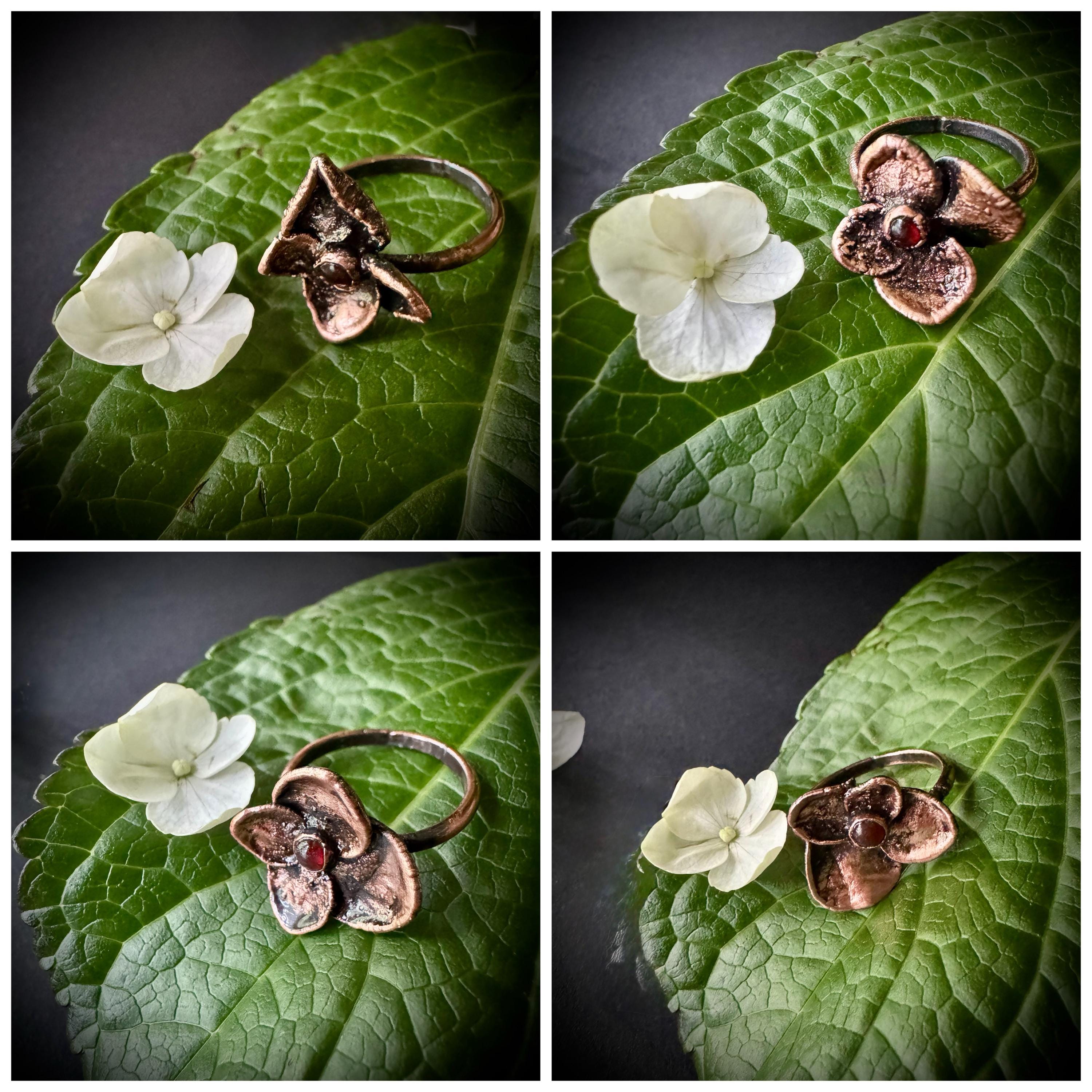 Real Hydrangea Electroformed Copper Ring with Carnelian Stone