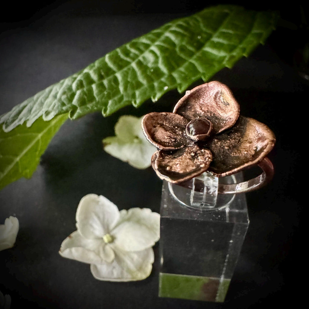 Real Hydrangea Electroformed Copper Ring with Carnelian Stone
