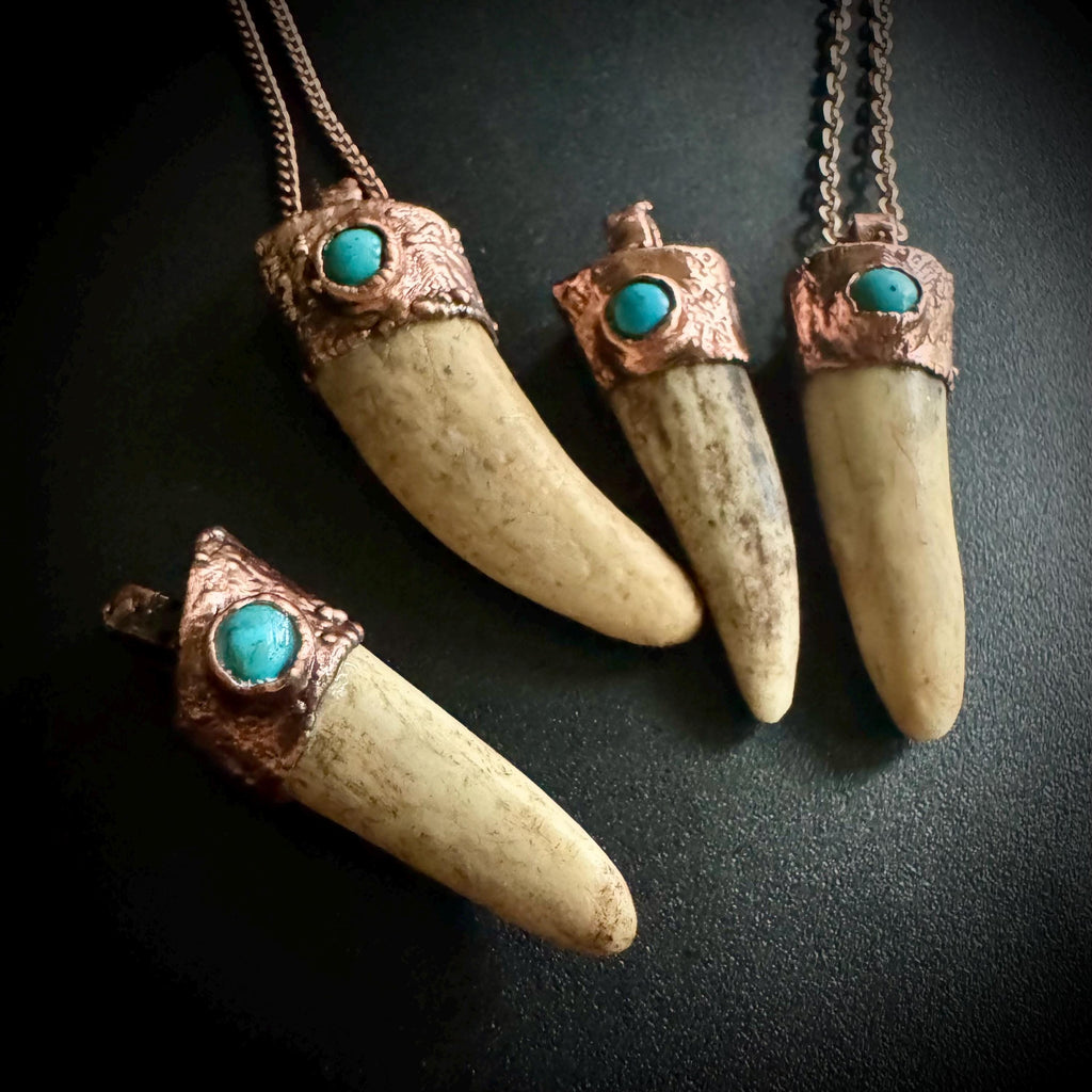 Turquoise Crystal Deer Antler Necklace: Electroformed Copper Pendant