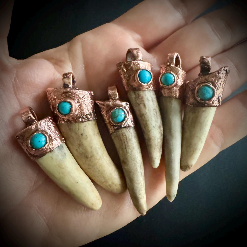 Turquoise Crystal Deer Antler Necklace: Electroformed Copper Pendant