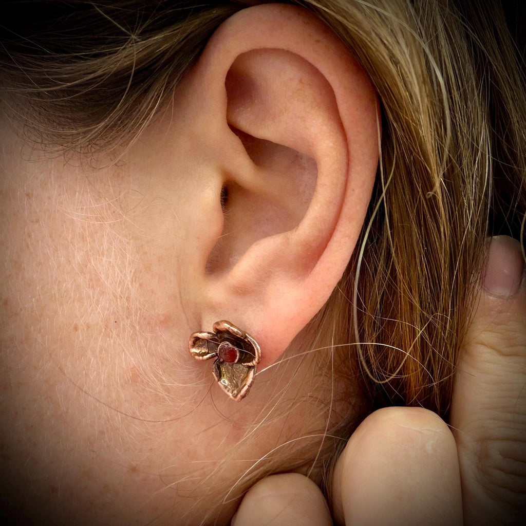Electroformed Hydrangea & Carnelian Stud Earrings | Copper Flower Jewelry