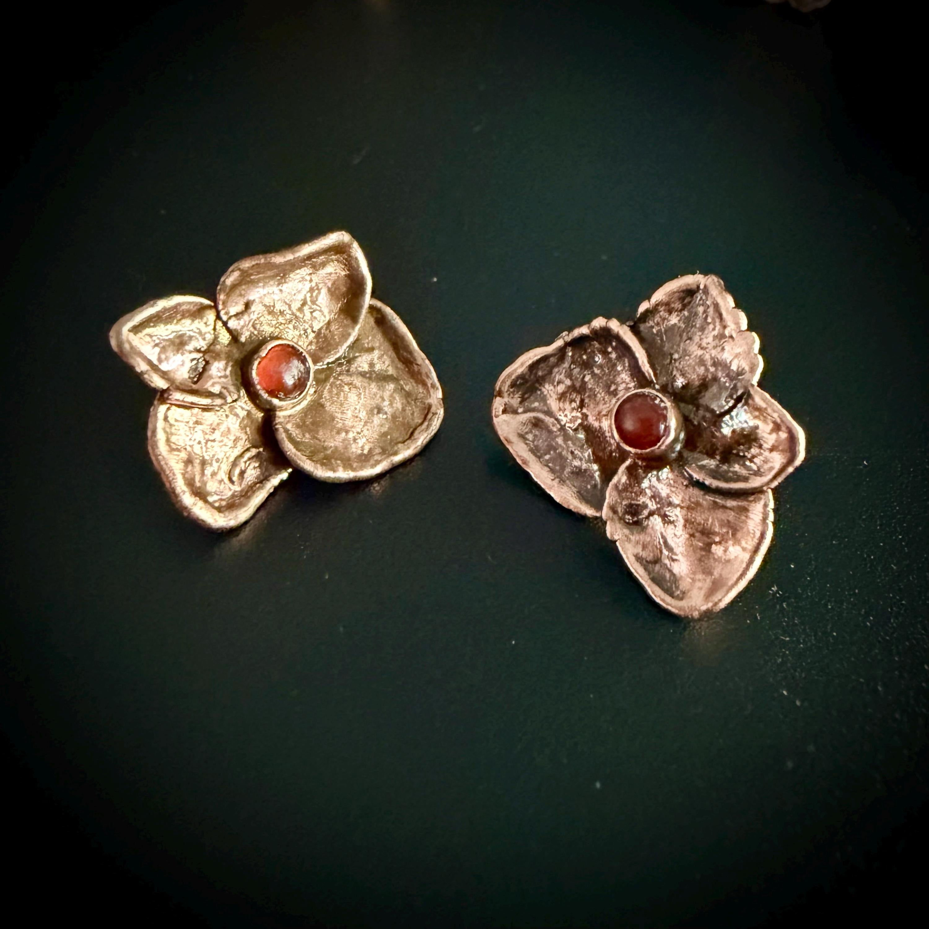 Electroformed Hydrangea & Carnelian Stud Earrings | Copper Flower Jewelry