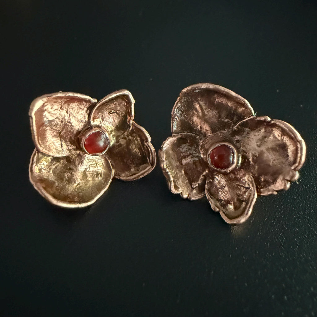 Electroformed Hydrangea & Carnelian Stud Earrings | Copper Flower Jewelry