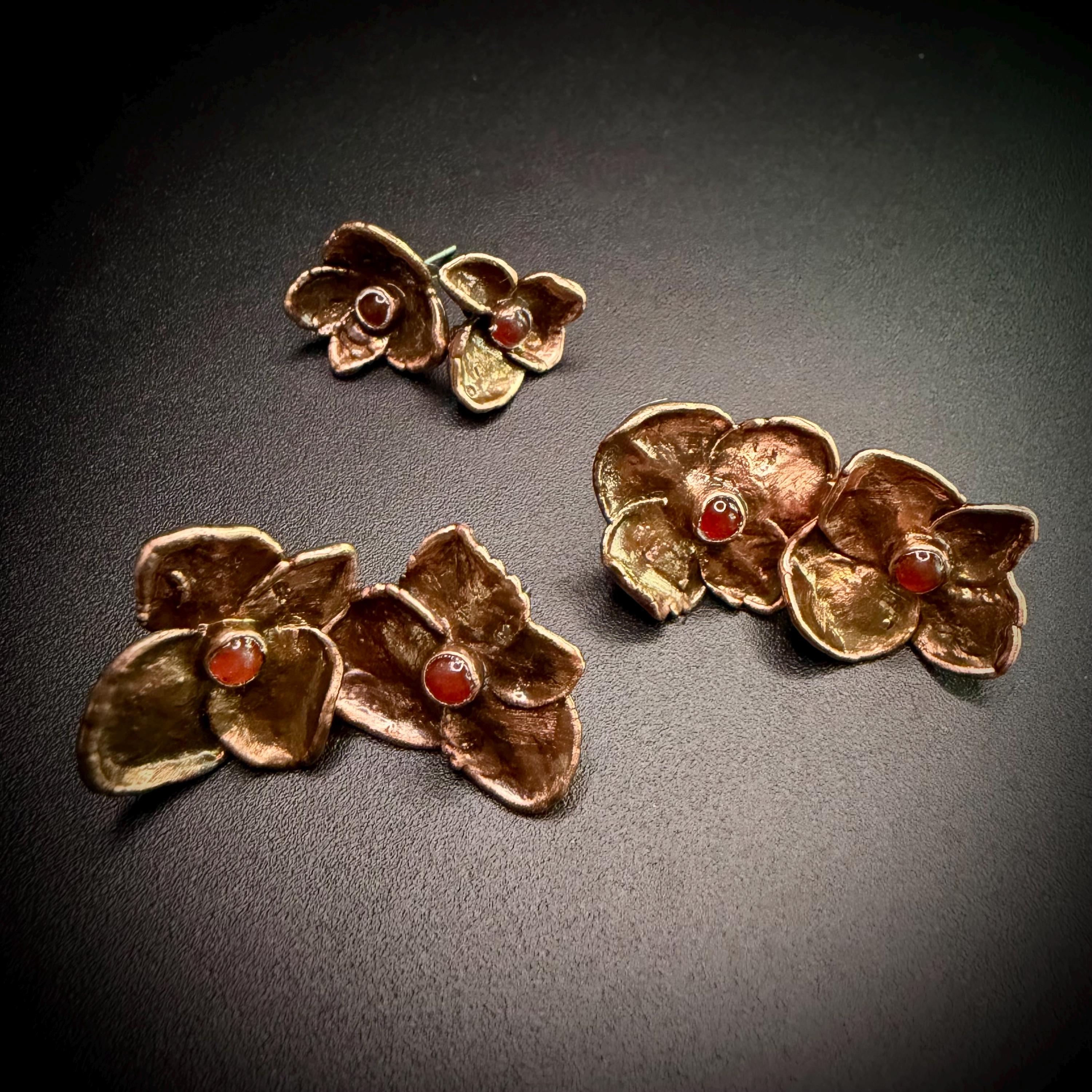 Electroformed Hydrangea & Carnelian Stud Earrings | Copper Flower Jewelry