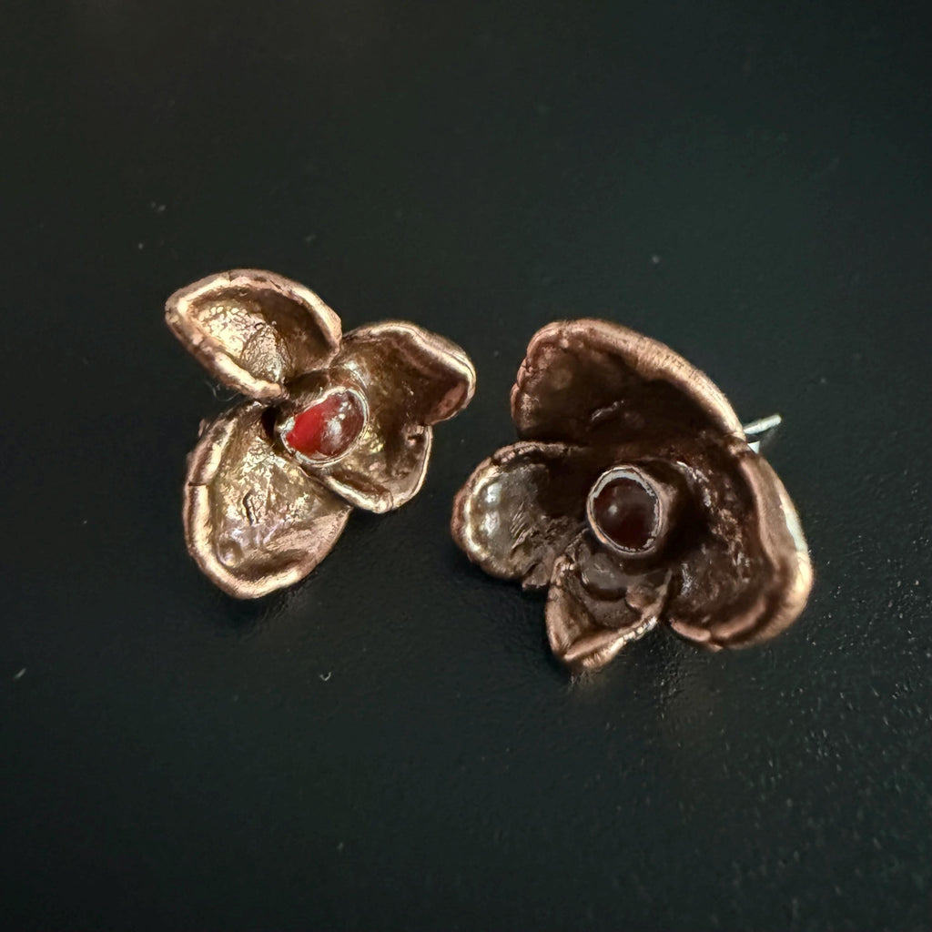 Electroformed Hydrangea & Carnelian Stud Earrings | Copper Flower Jewelry