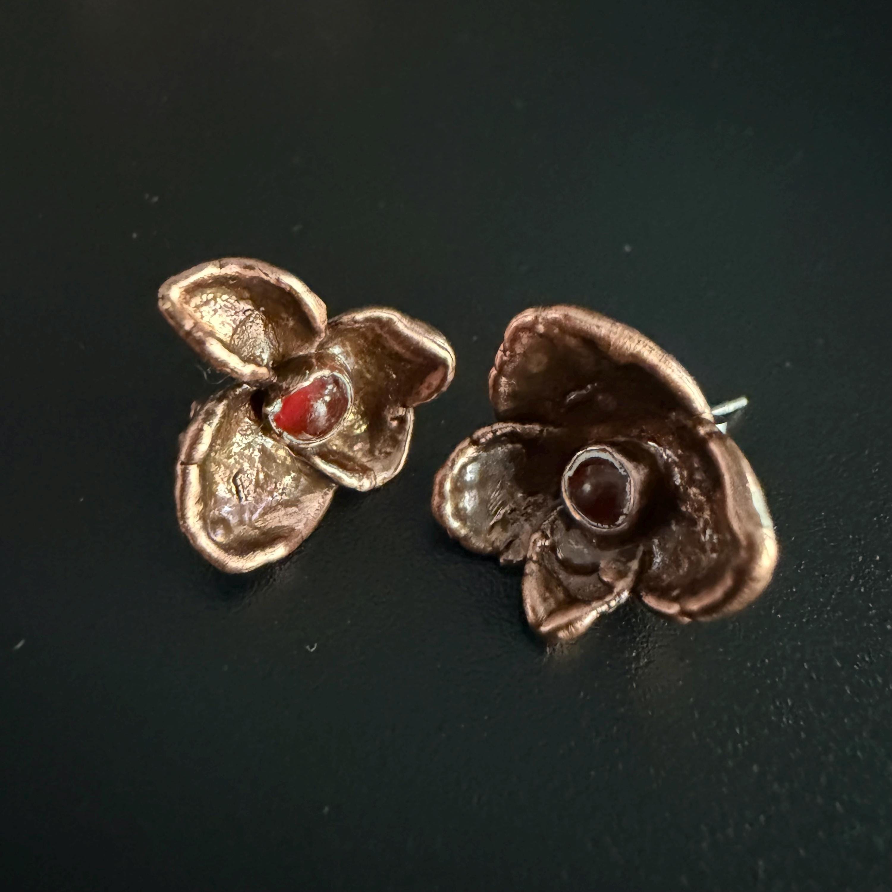 Electroformed Hydrangea & Carnelian Stud Earrings | Copper Flower Jewelry