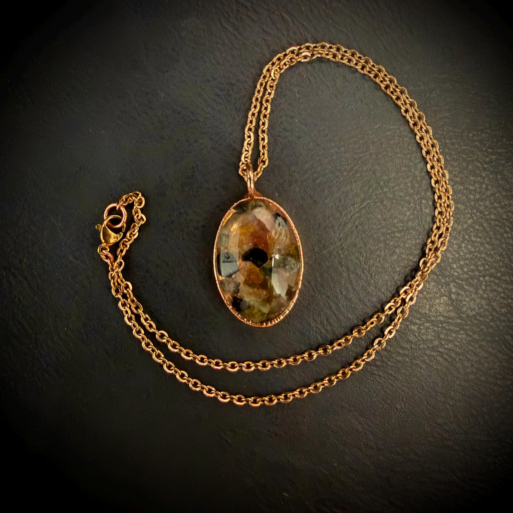 Oval Resin Rainbow Tourmaline Pendant Necklace | Electroformed Copper | Rose Gold Chain | Handmade Crystal Jewelry