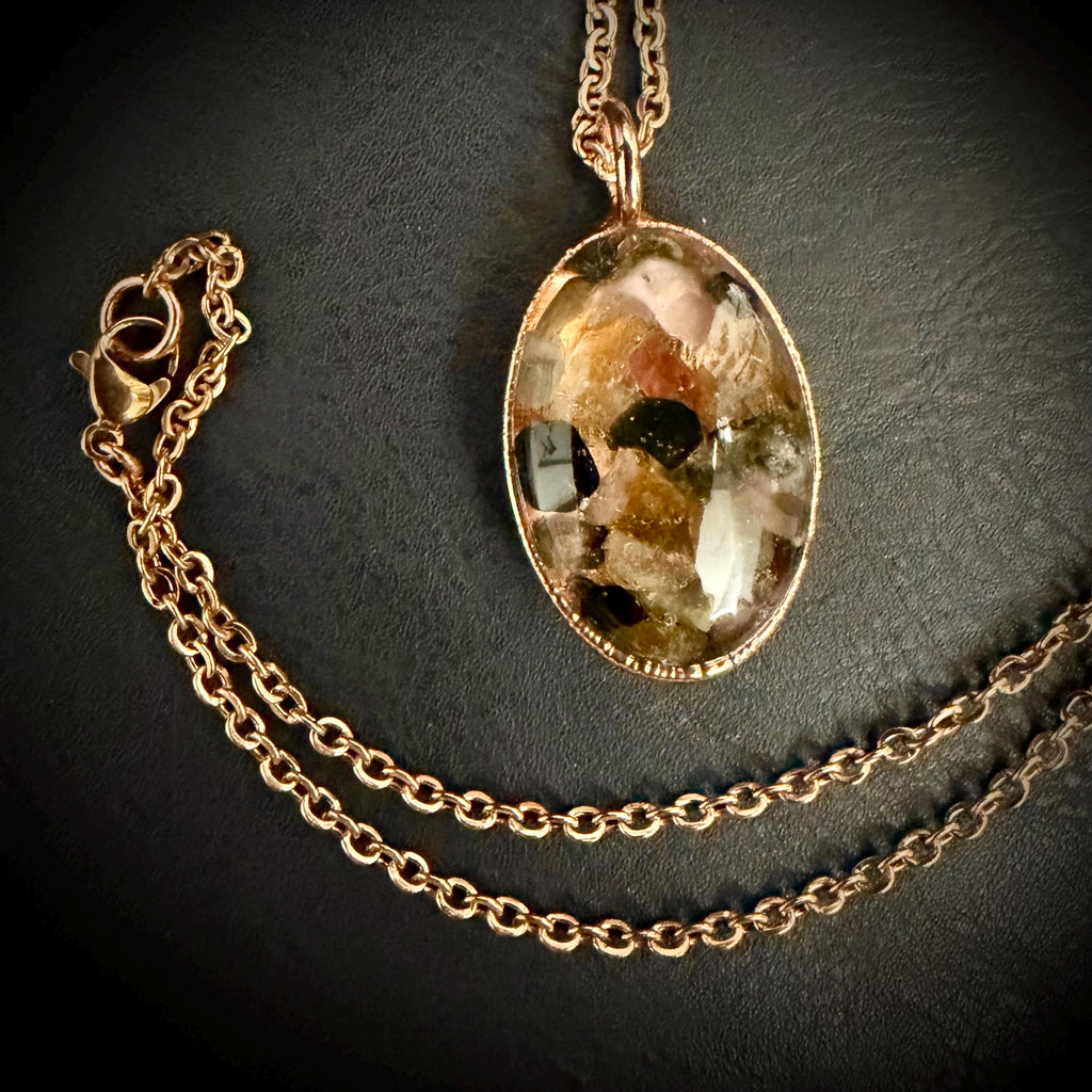 Oval Resin Rainbow Tourmaline Pendant Necklace | Electroformed Copper | Rose Gold Chain | Handmade Crystal Jewelry