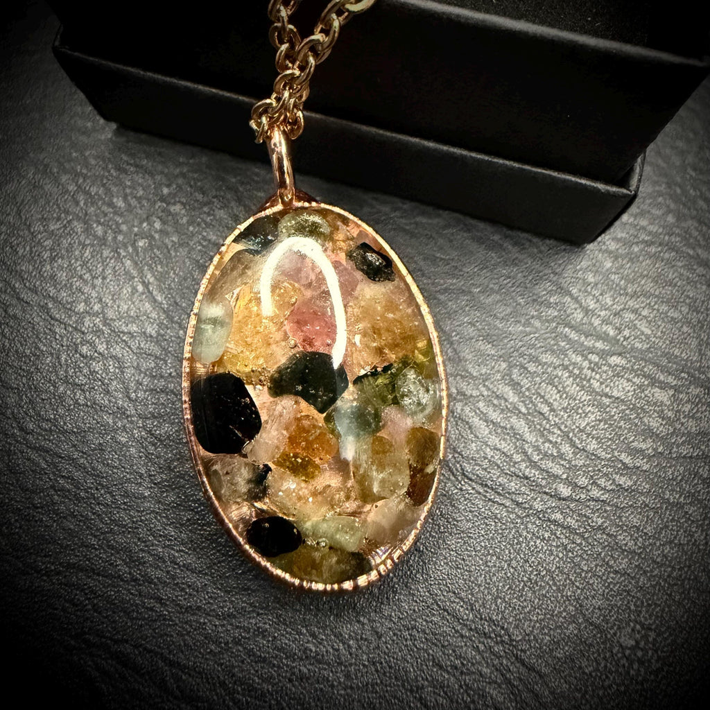 Oval Resin Rainbow Tourmaline Pendant Necklace | Electroformed Copper | Rose Gold Chain | Handmade Crystal Jewelry