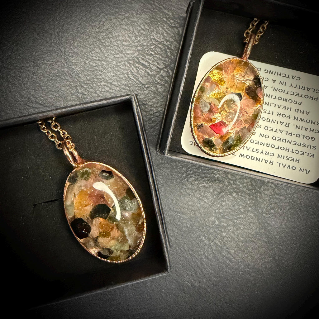 Oval Resin Rainbow Tourmaline Pendant Necklace | Electroformed Copper | Rose Gold Chain | Handmade Crystal Jewelry