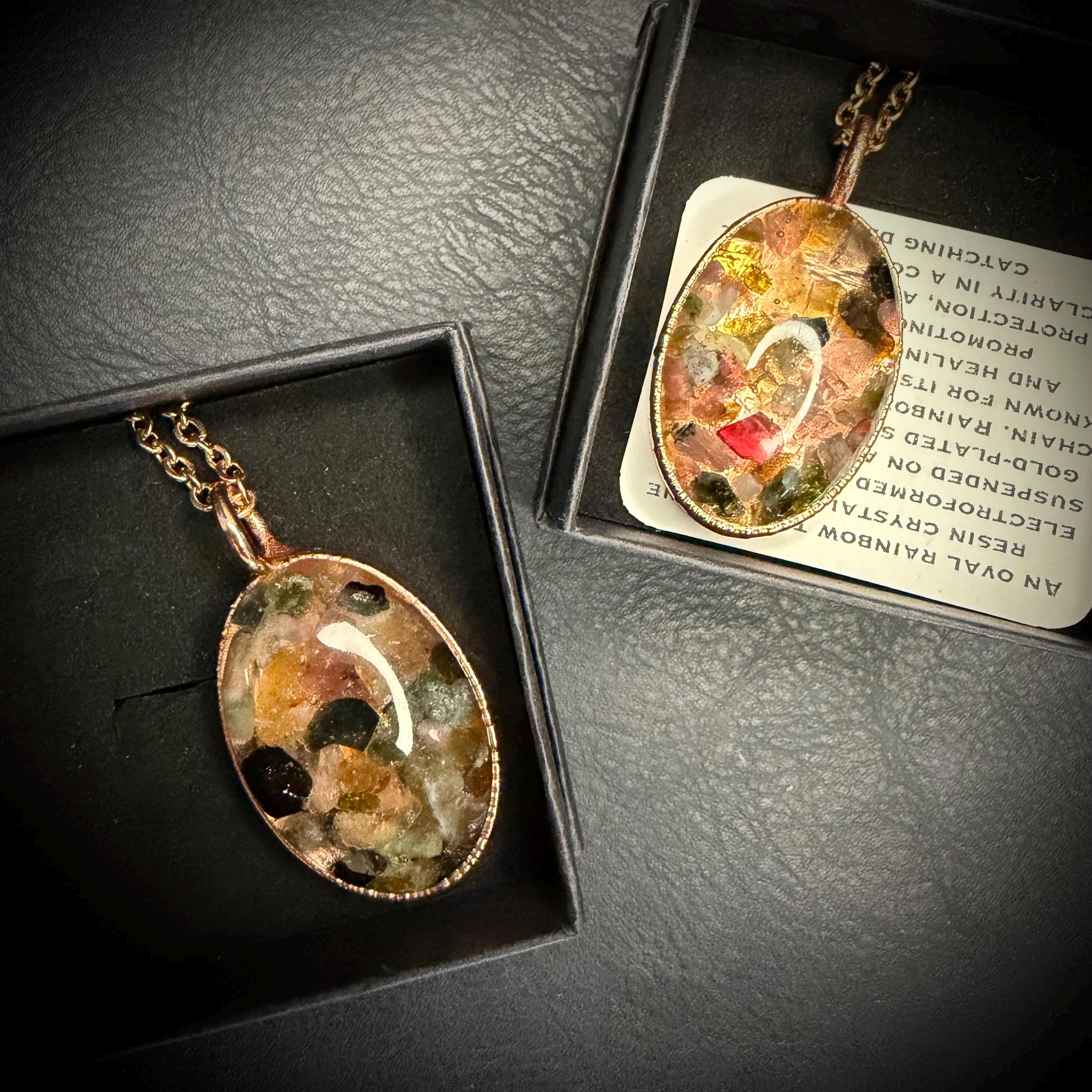 Oval Resin Rainbow Tourmaline Pendant Necklace | Electroformed Copper | Rose Gold Chain | Handmade Crystal Jewelry