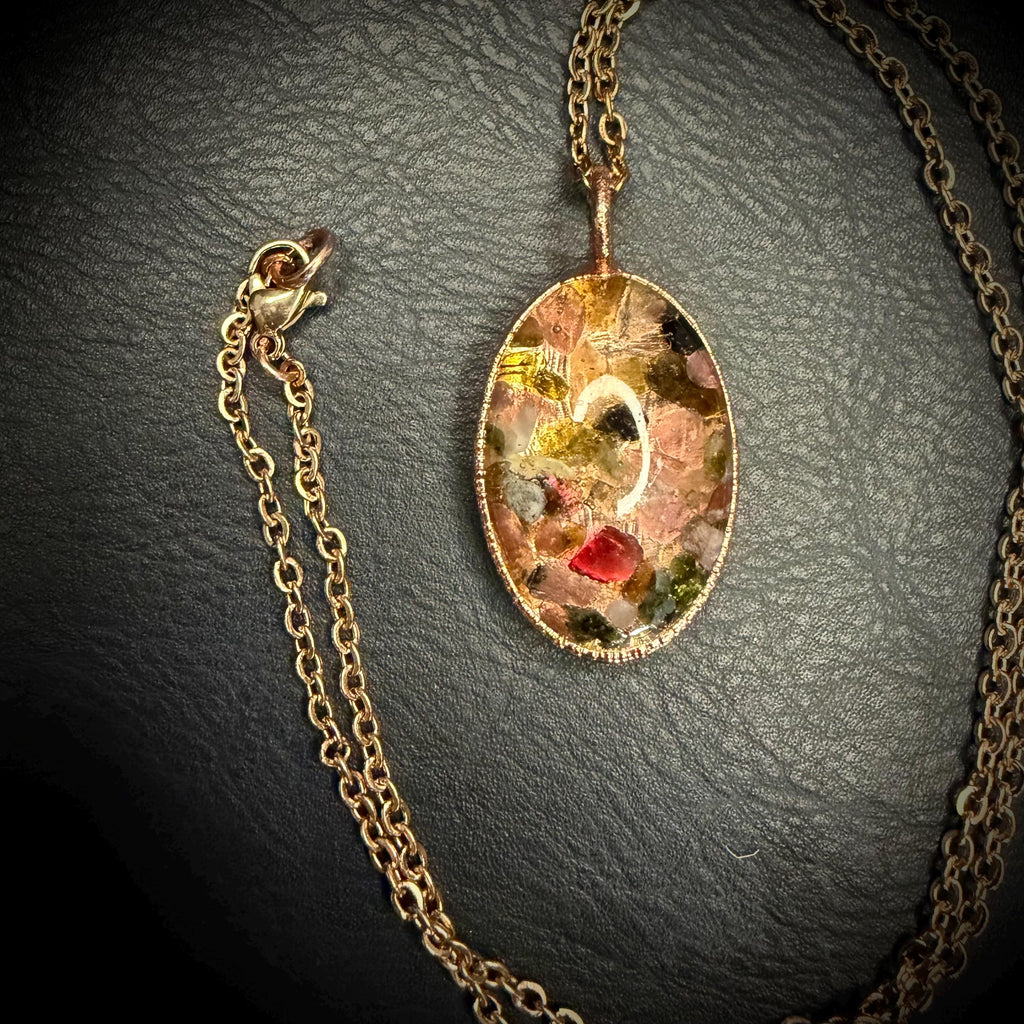Oval Resin Rainbow Tourmaline Pendant Necklace | Electroformed Copper | Rose Gold Chain | Handmade Crystal Jewelry