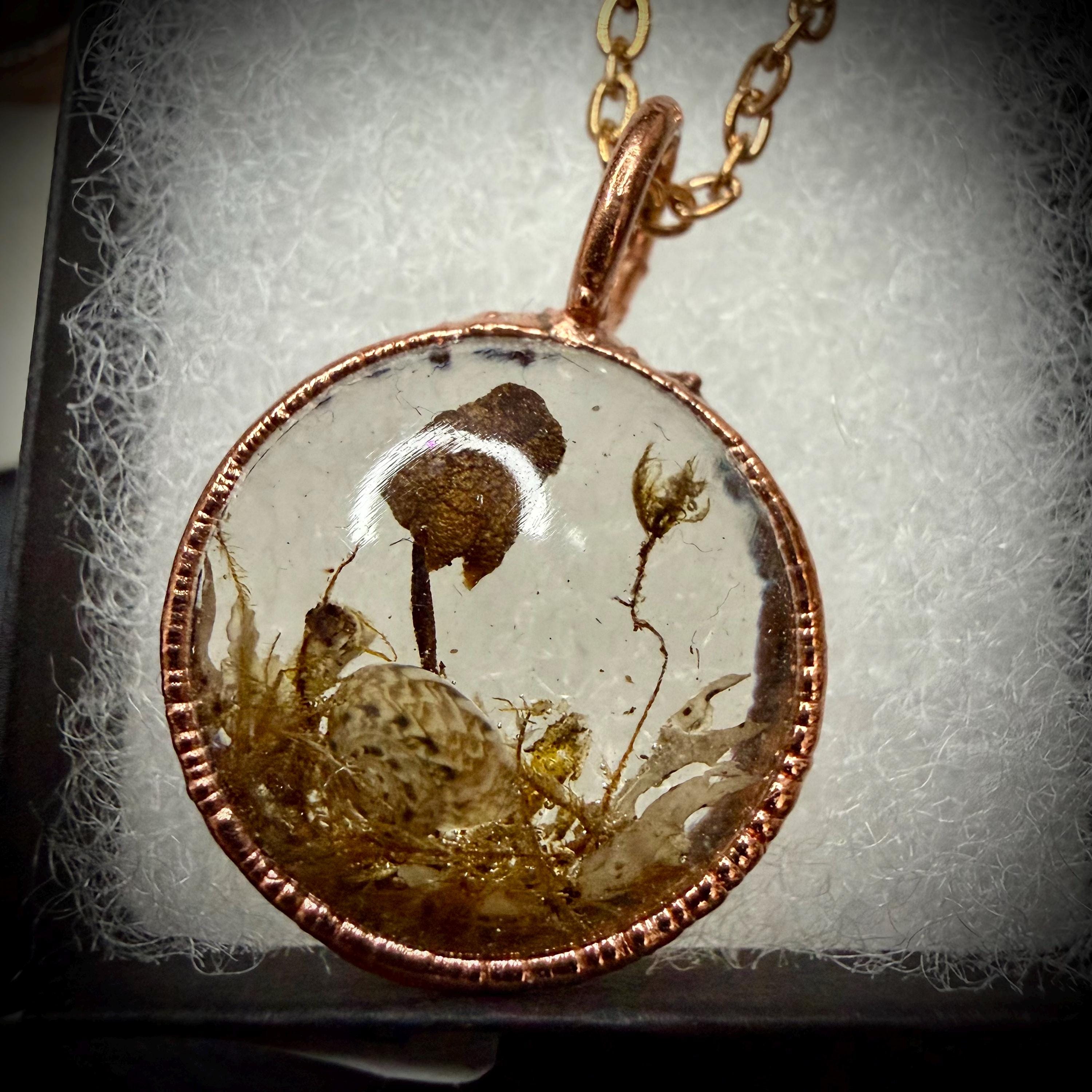 Electroformed Copper Goblincore Mushroom Garden Pendant | Real Plant in Resin | Mushroom Necklace