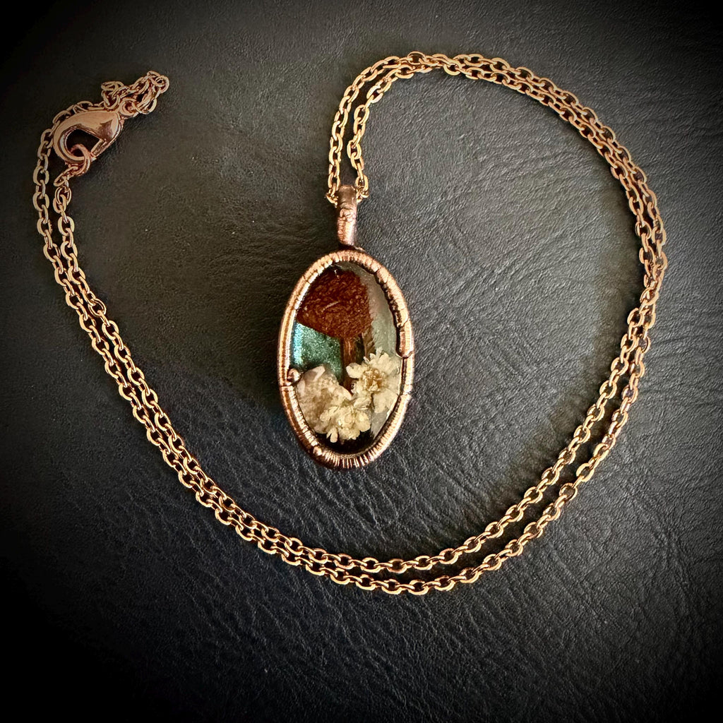 Electroformed Copper Flower Pendant: Dried Floral Resin Necklace