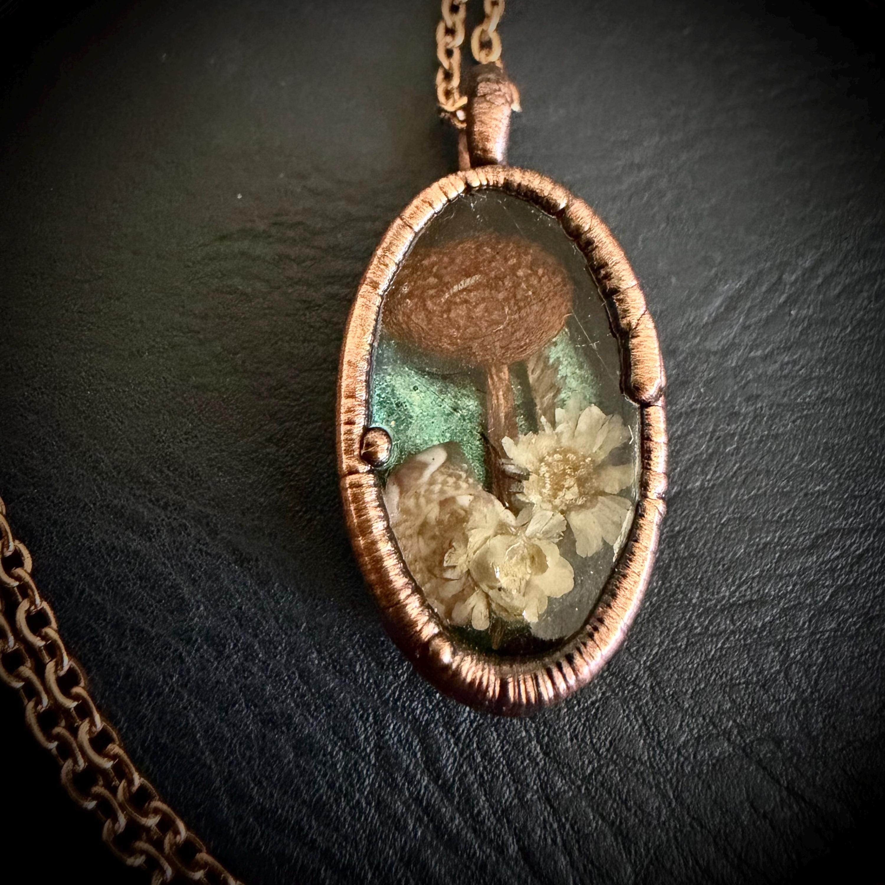Electroformed Copper Flower Pendant: Dried Floral Resin Necklace