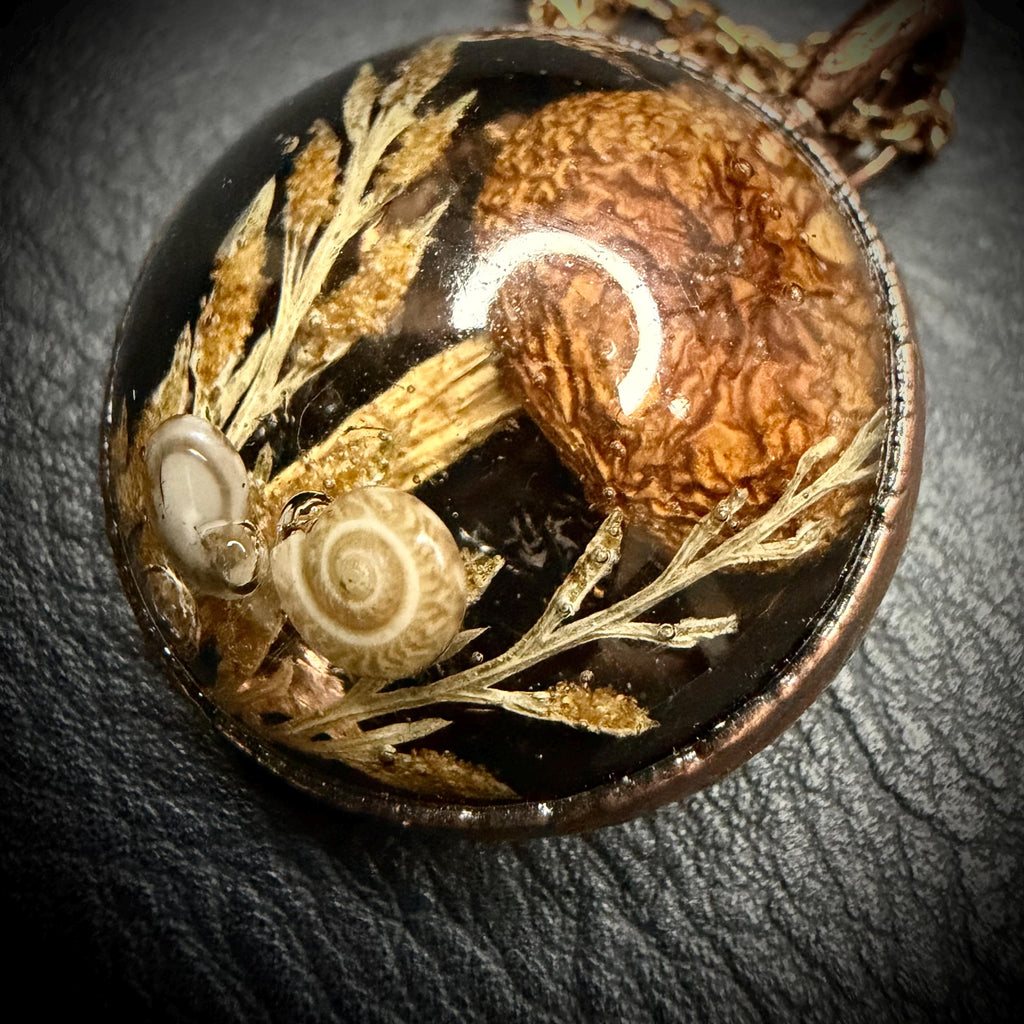 Electroformed Copper Goblincore Mushroom Garden Pendant | Real Plant in Resin | Mushroom Necklace