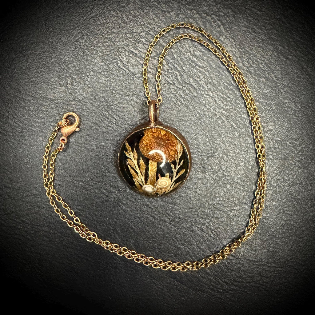 Electroformed Copper Goblincore Mushroom Garden Pendant | Real Plant in Resin | Mushroom Necklace