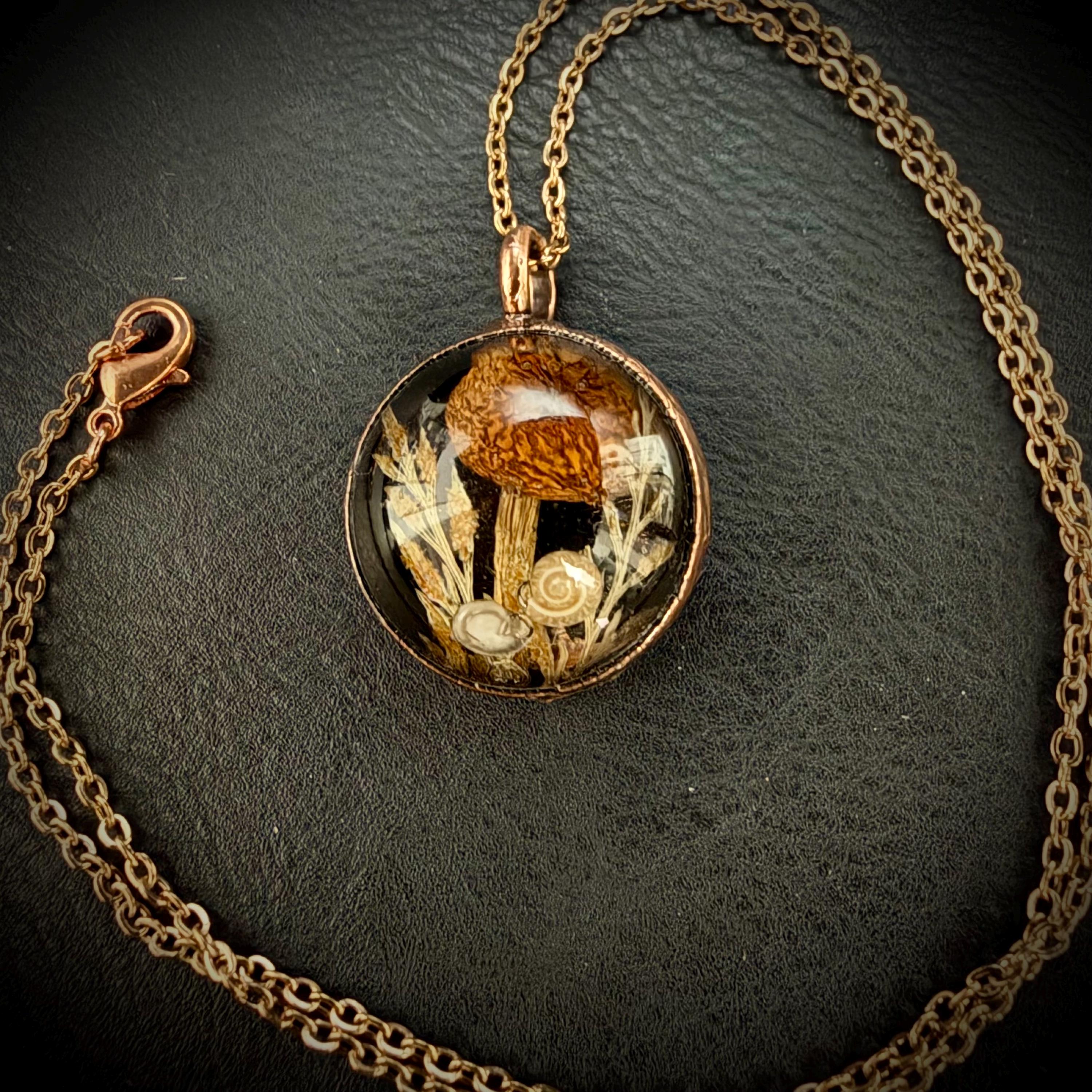 Electroformed Copper Goblincore Mushroom Garden Pendant | Real Plant in Resin | Mushroom Necklace