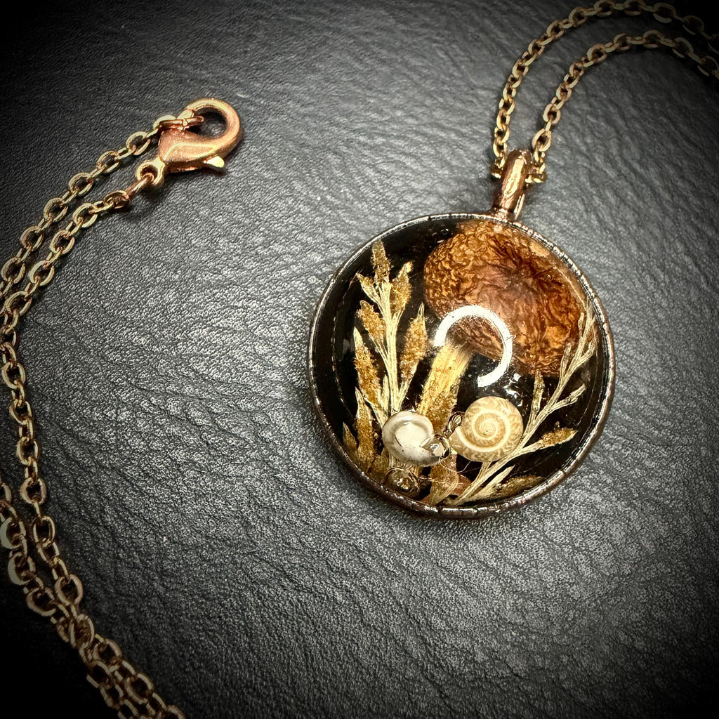 Electroformed Copper Goblincore Mushroom Garden Pendant | Real Plant in Resin | Mushroom Necklace