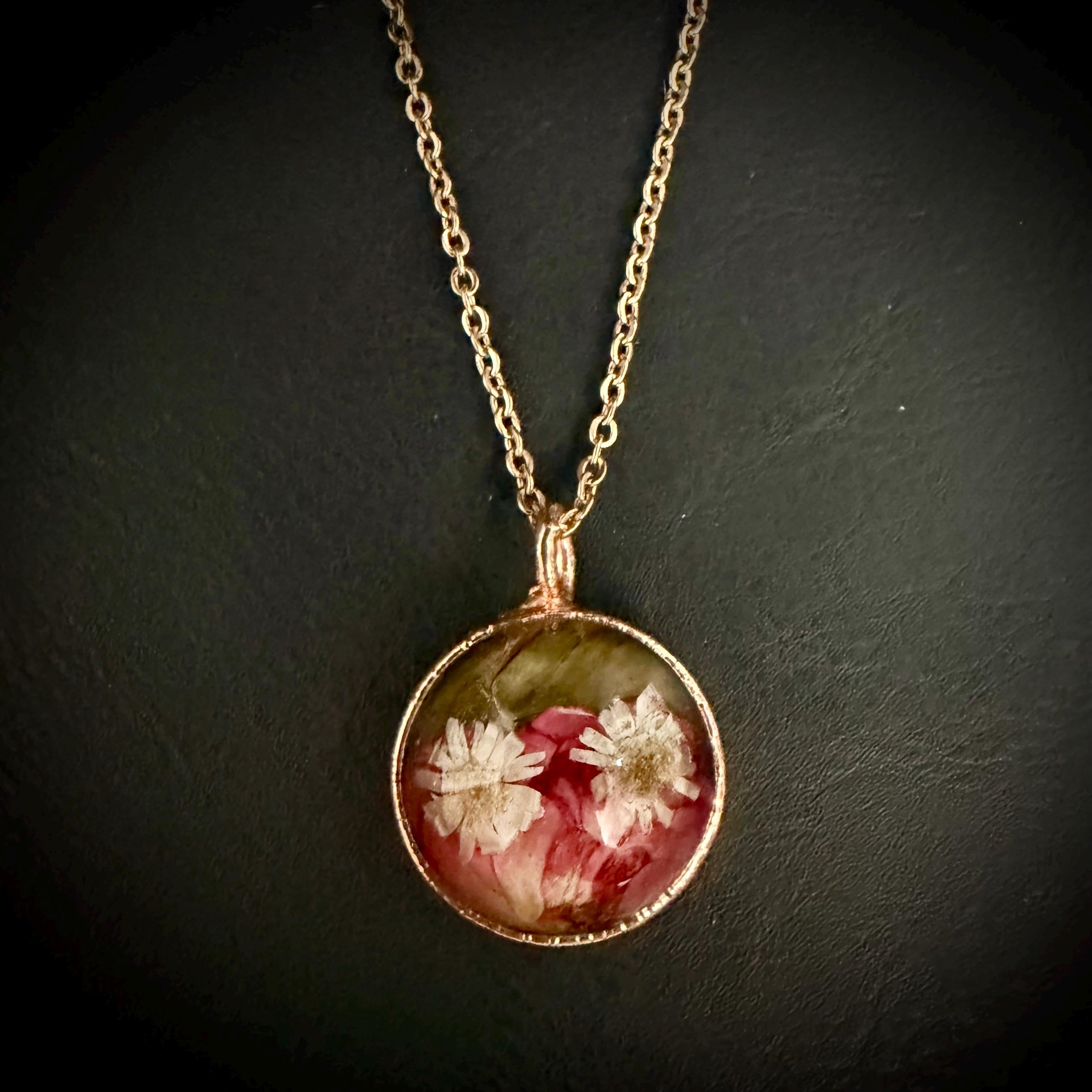 Electroformed Copper Flower Pendant: Dried Floral Resin Necklace