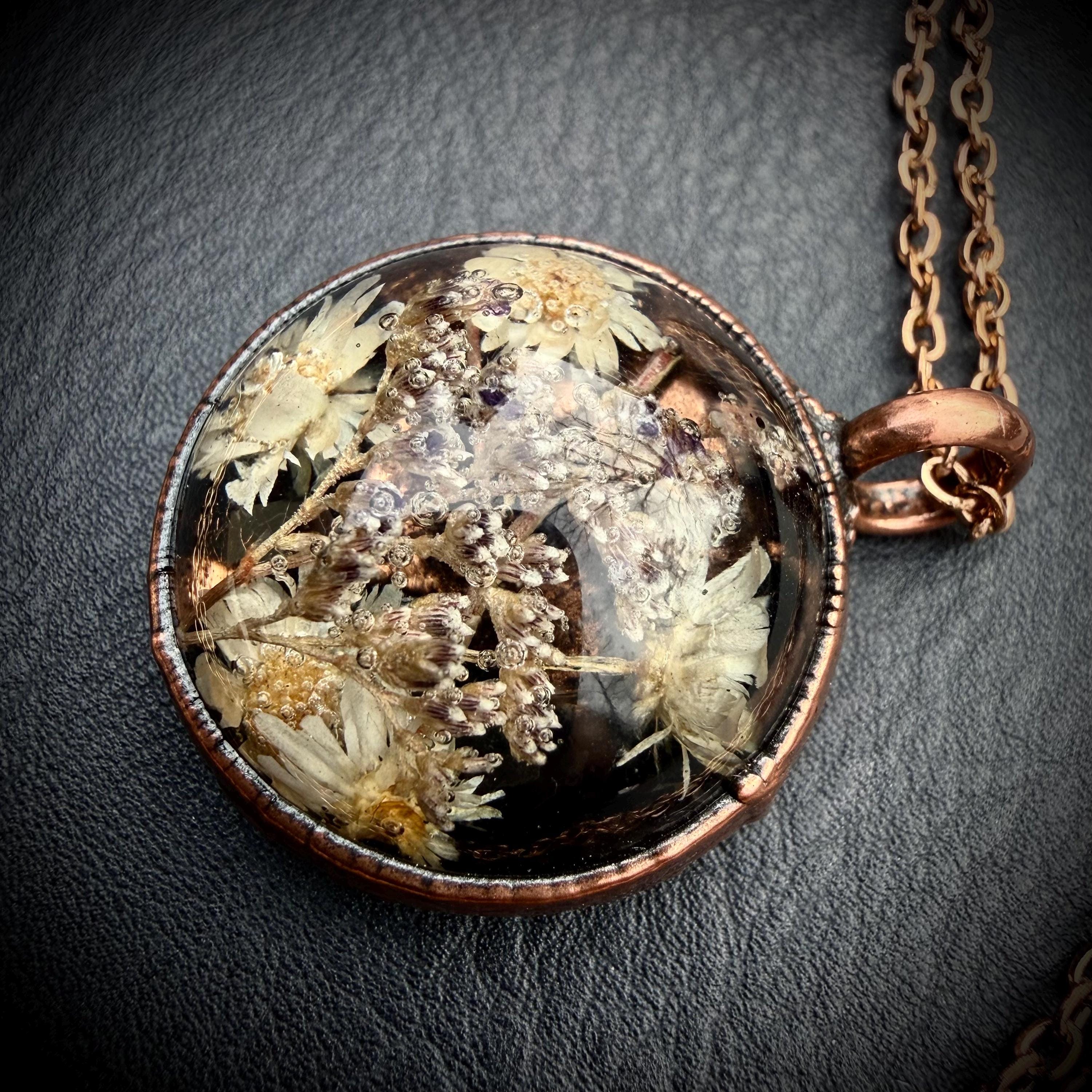 Electroformed Copper Flower Pendant: Dried Resin Necklace