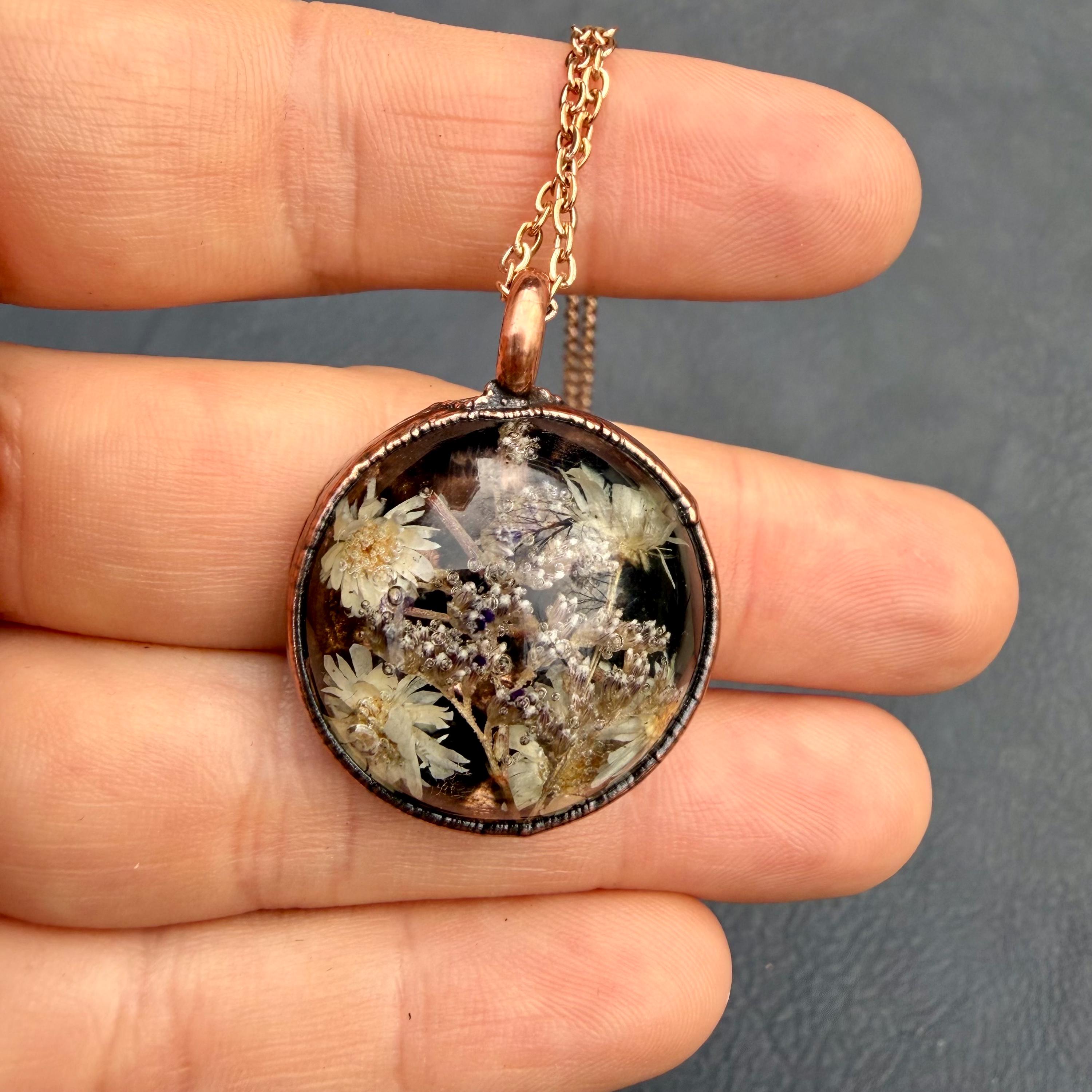 Electroformed Copper Flower Pendant: Dried Resin Necklace