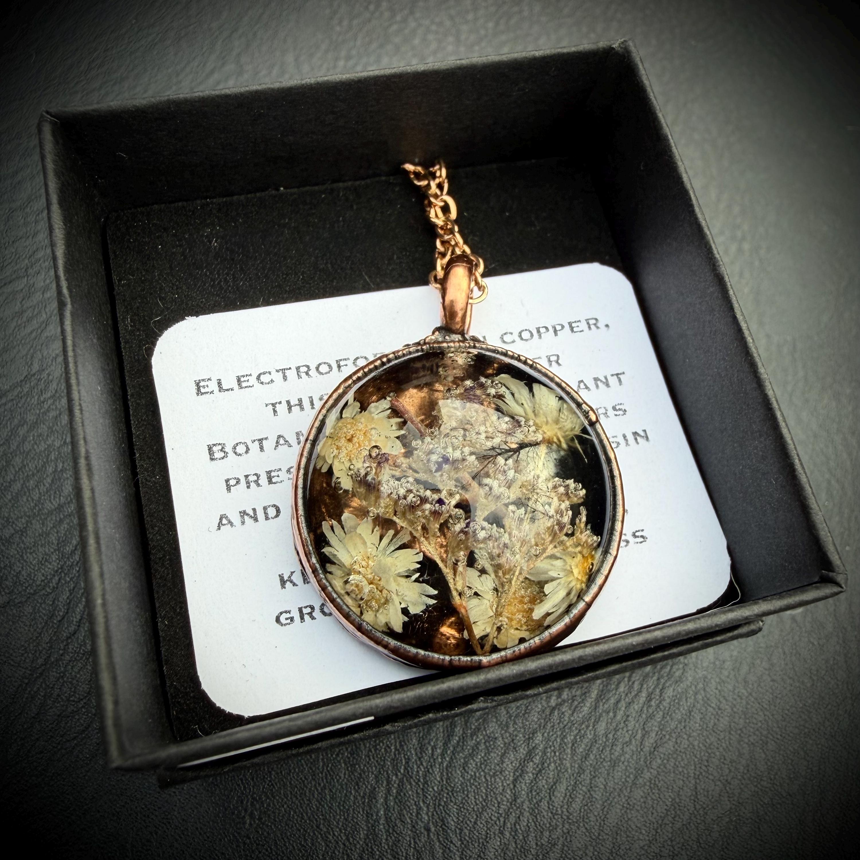 Electroformed Copper Flower Pendant: Dried Resin Necklace