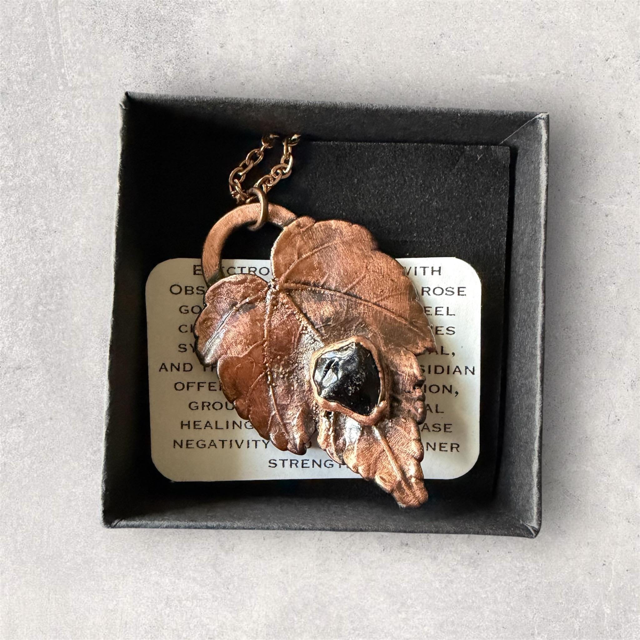 Electroformed Copper Leaf Necklace, Black Obsidian Pendant, Rose Gold Chain