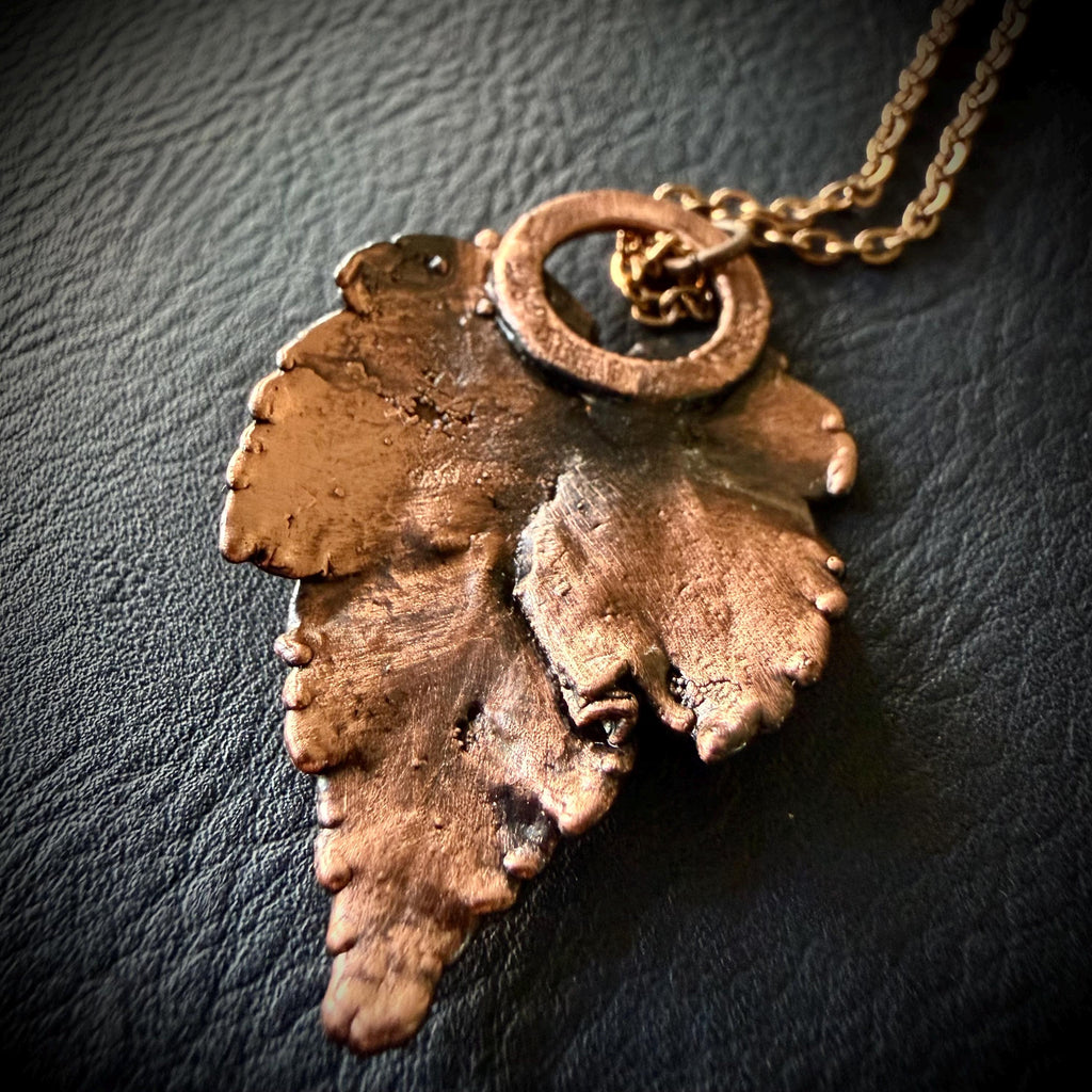 Electroformed Copper Leaf Necklace, Black Obsidian Pendant, Rose Gold Chain
