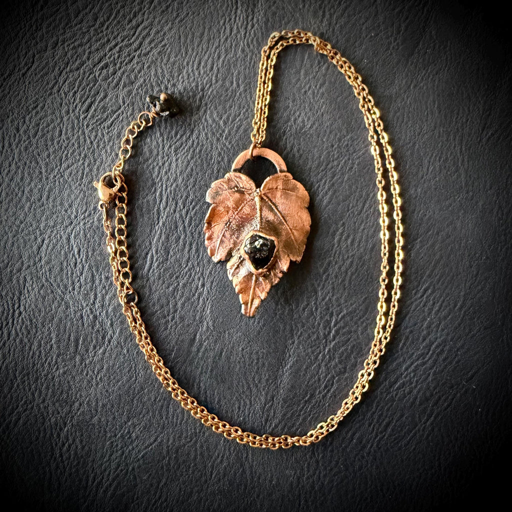Electroformed Copper Leaf Necklace, Black Obsidian Pendant, Rose Gold Chain