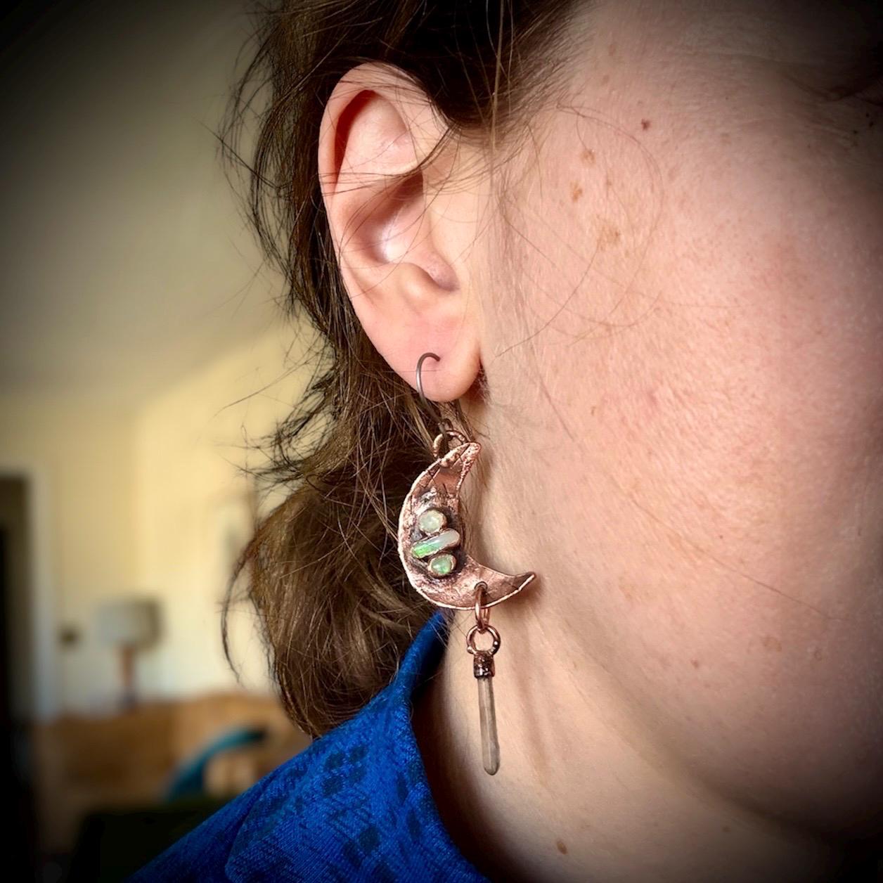 Electroformed Opal Moon Dangle Earrings on Niobium Ear Wires
