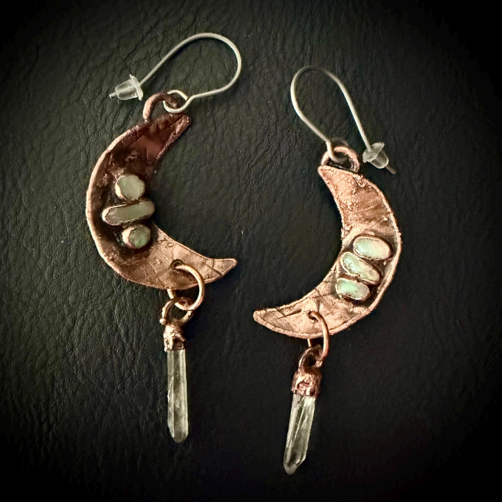 Electroformed Opal Moon Dangle Earrings on Niobium Ear Wires