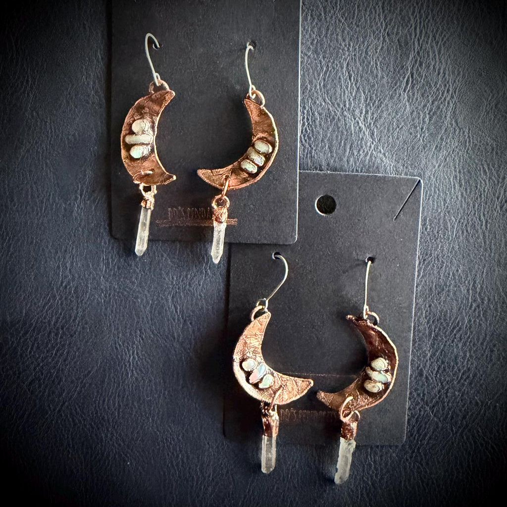 Electroformed Opal Moon Dangle Earrings on Niobium Ear Wires