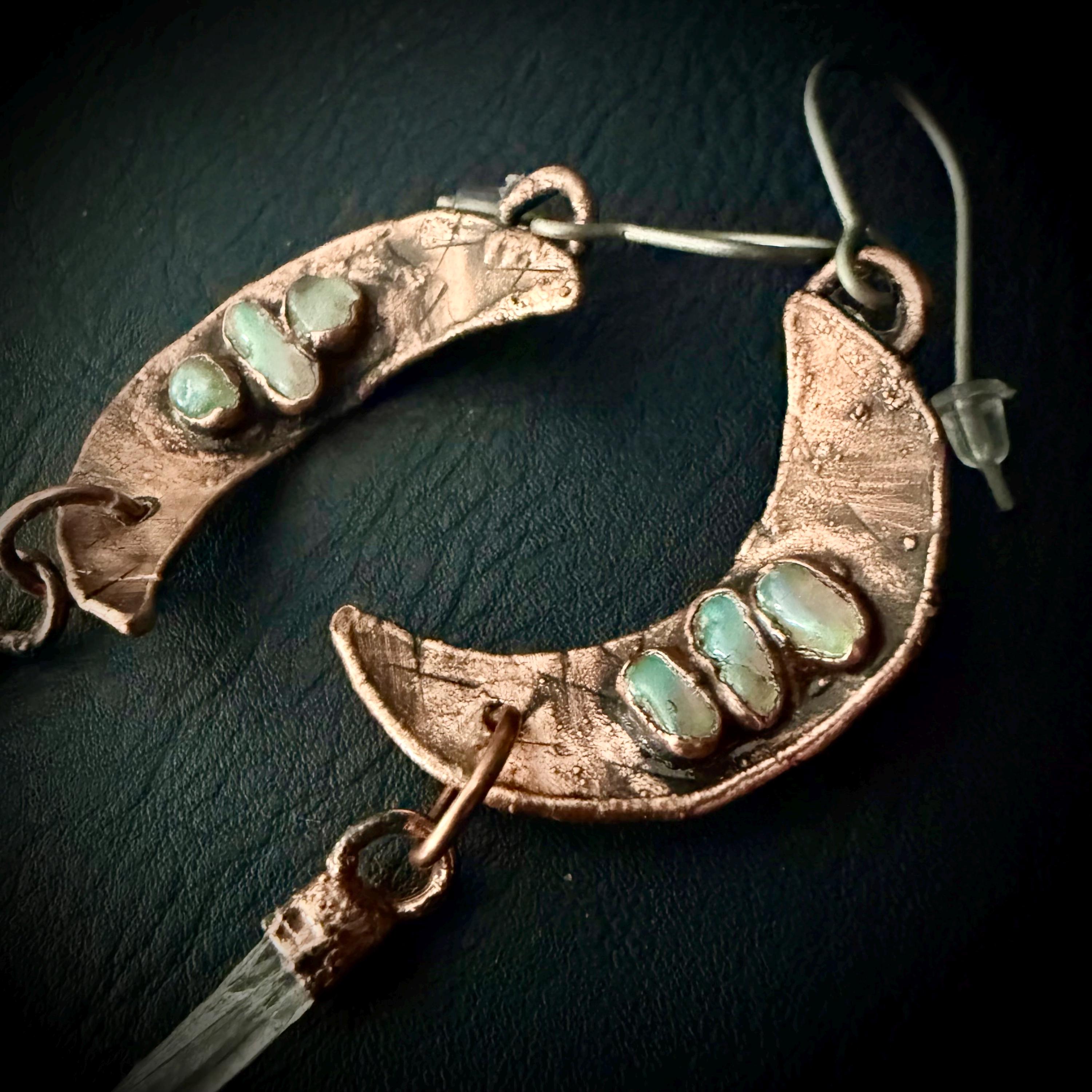 Electroformed Opal Moon Dangle Earrings on Niobium Ear Wires